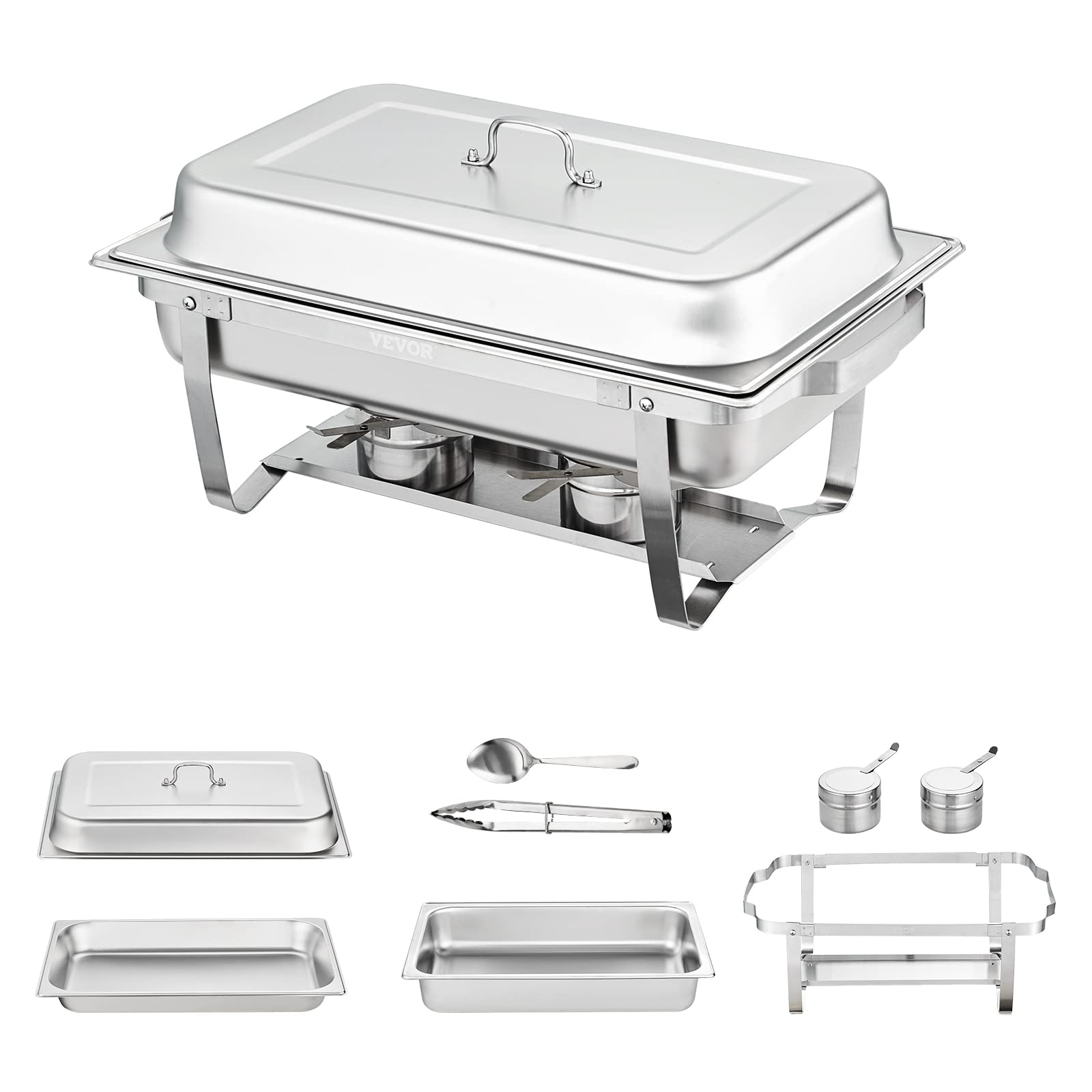 VEVOR 8 Qt Stainless Steel Chafing Dish Buffet Set - 4 Pack with Full Size Pans, Lid, Water Pan & Folding Stand - Catering Warmer for Parties, Weddings, Buffets & Events - Serves 8+ People
