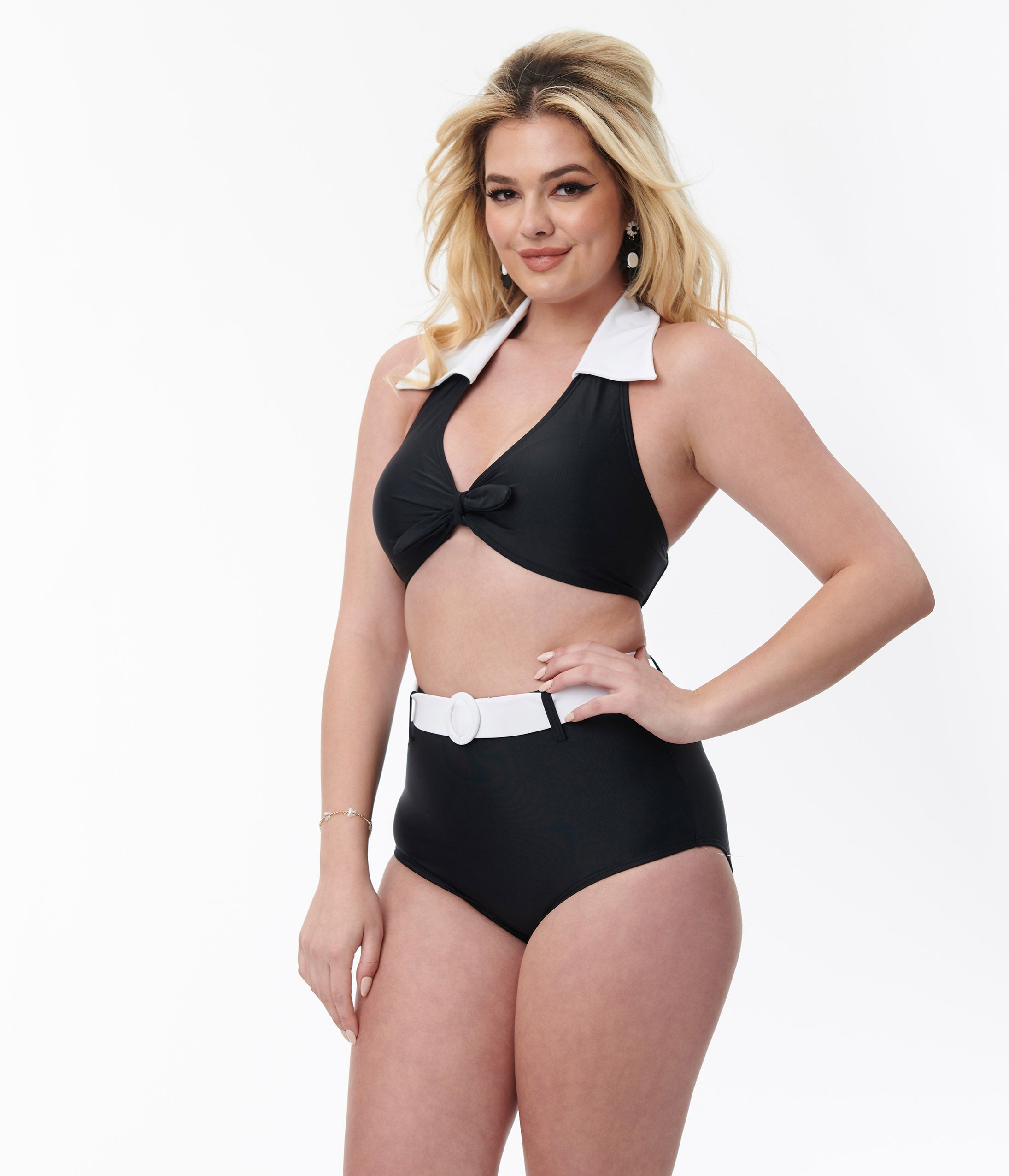 Vintage Black & White Halter Swim Top - Retro High Neck Bikini Top for Women - Perfect for Beach, Pool Party & Summer Vacation