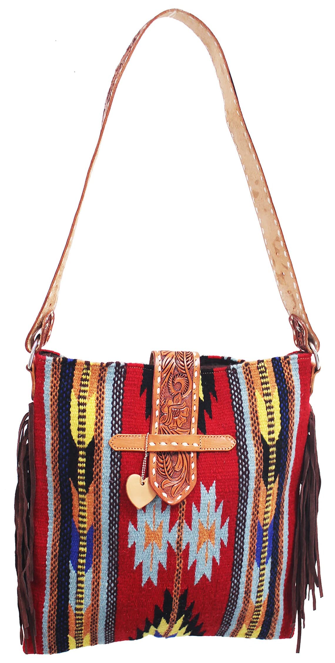Amish Women's Embroidered Saddle Blanket Shoulder Bag - Hand Tooled Leather Strap & Handle - Boho Chic Crossbody Purse for Country Fair, Music Festival & Everyday Use