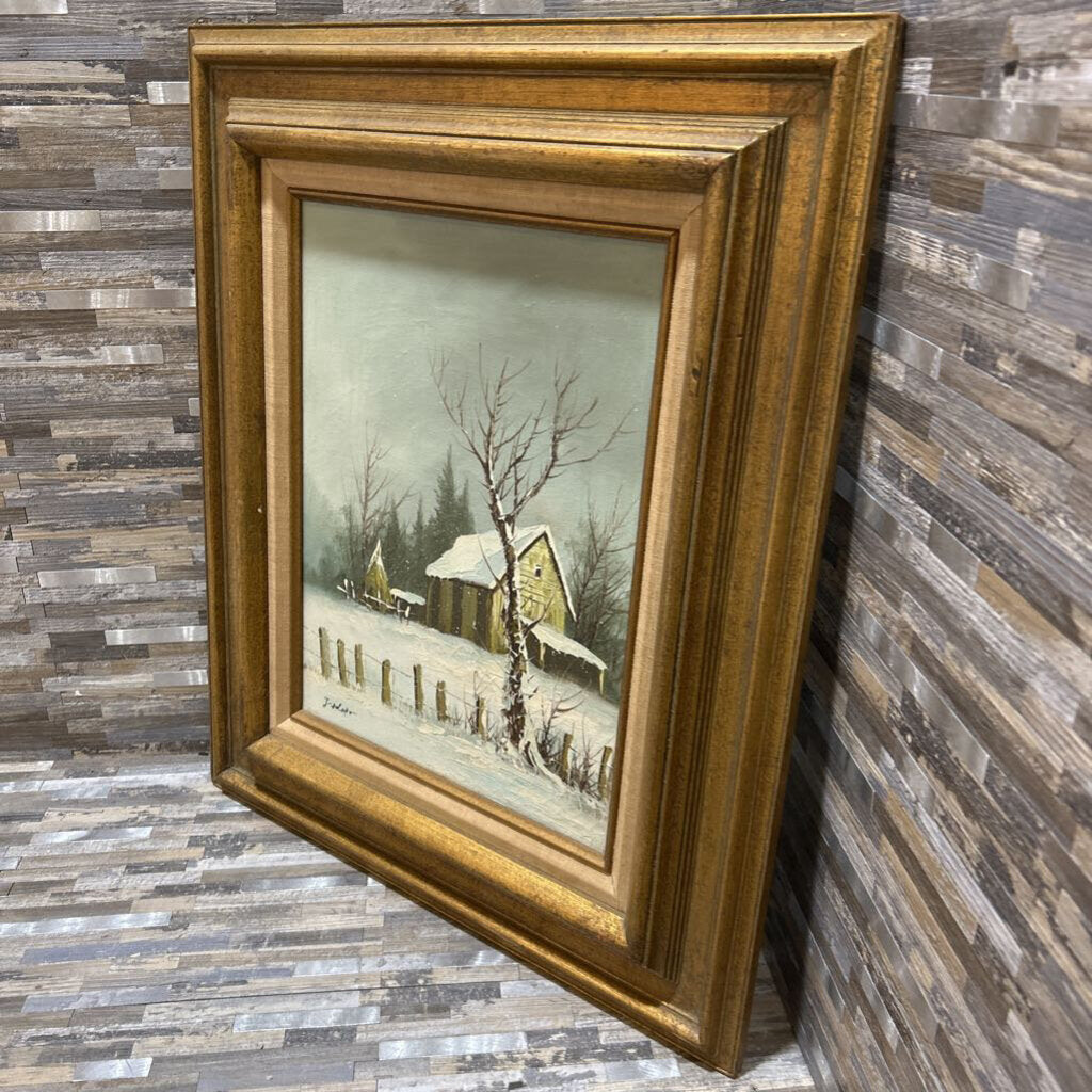 Barn in the Snow Framed Oil Painting - Handmade Landscape Artwork 20x24 Inches - Perfect for Living Room, Bedroom, or Office Wall Decor