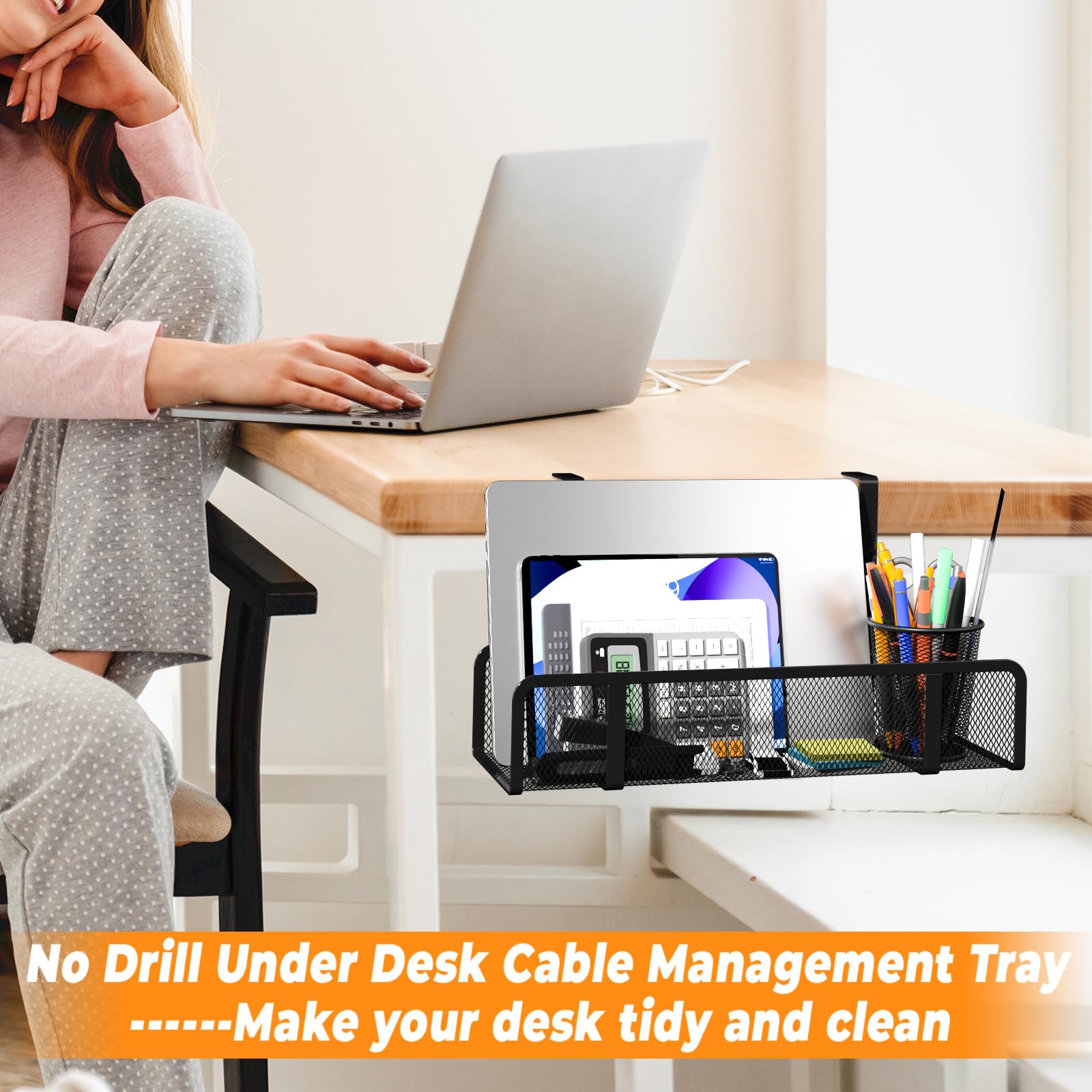 Under Desk Cable Management Tray - No Drill Wire Organizer Box for Office & Home - Cord Hider with No Damage Installation - Perfect for Computer, Gaming & Workspace Setup