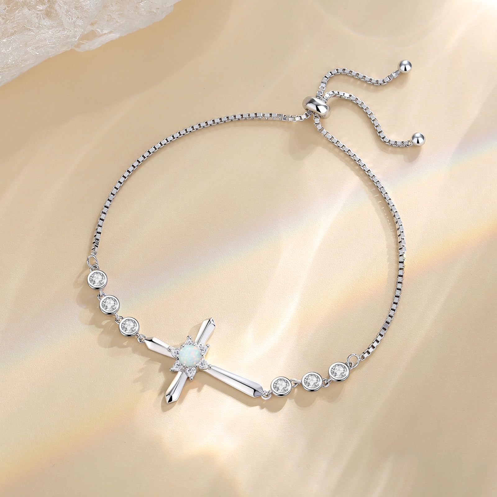 FANCIME 925 Sterling Silver Halo Birthstone Bracelet for Women - Elegant Cross Charm Bracelet, Fine Jewelry Birthday Gift for Her - Perfect for Everyday Wear, Special Occasions & Gifts