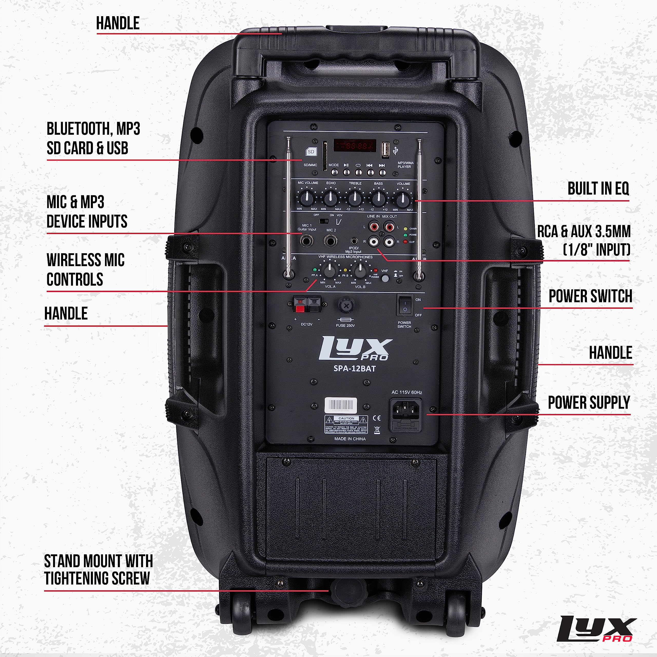 LyxPro 12 Inch Active PA Rechargeable Battery Speaker System with Bluetooth, MP3, USB, SD Card Slot - Portable Foldable Handle & Wheels for Outdoor Events, Parties, DJ Performances