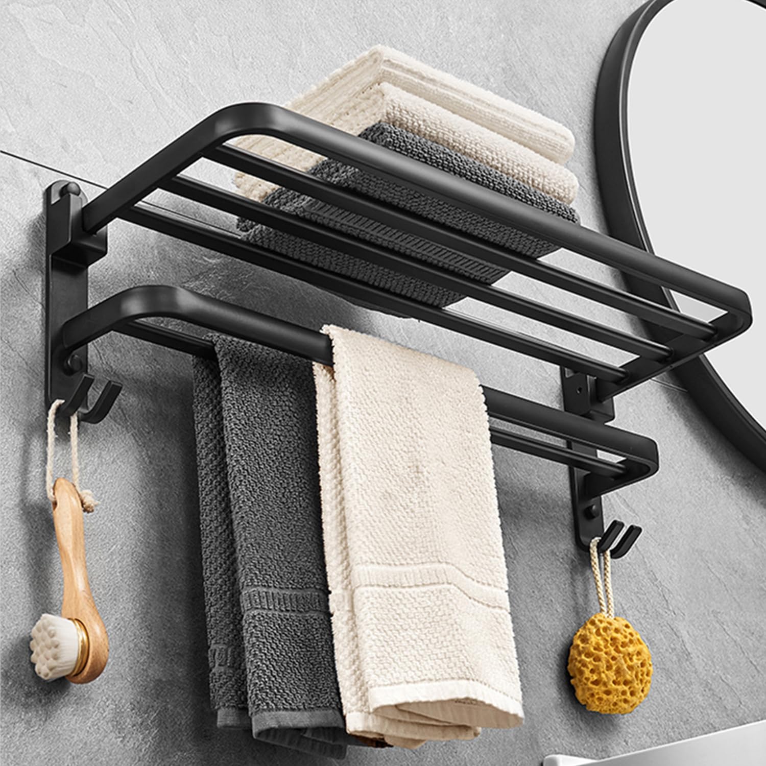 No Drill Foldable Towel Rack - 24 Inch Stainless Steel Wall Mounted Bathroom Towel Holder - Matte Black Space Saving Bathroom Accessories for Small Spaces, Apartments & Dorms - Perfect for Showers, Vanities & Laundry Rooms