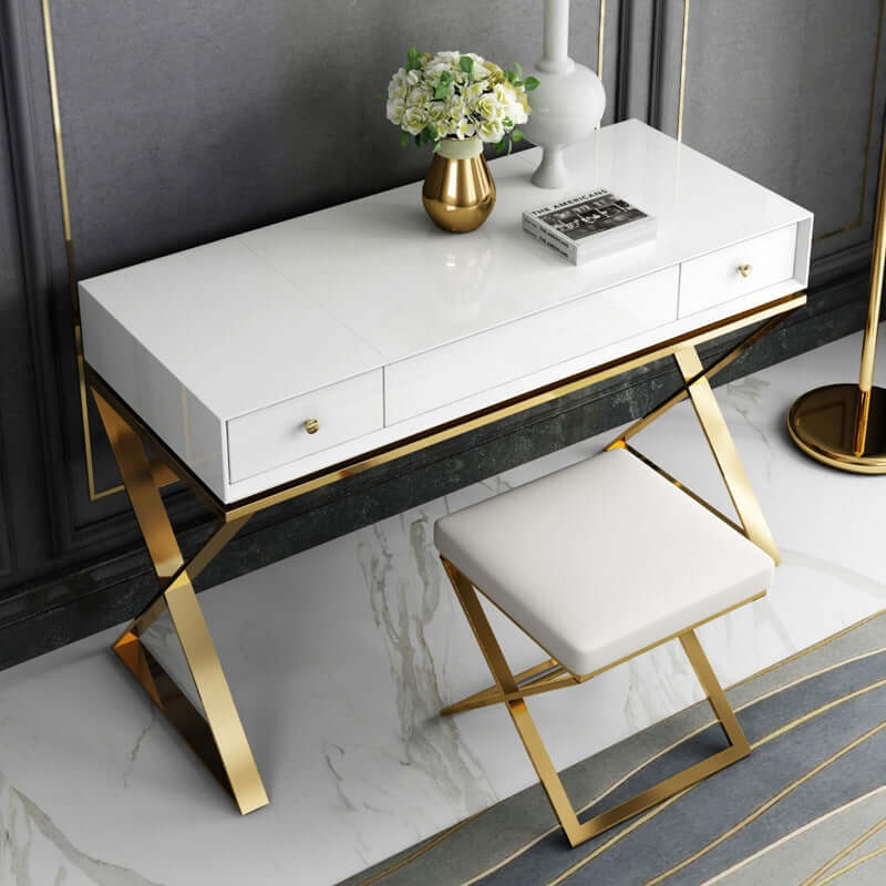 Modern 2-Drawer Wooden Makeup Vanity Set with Mirror & Stool - Gold X Base Stainless Steel | Perfect for Bedroom, Dressing Room & Beauty Salon Organization