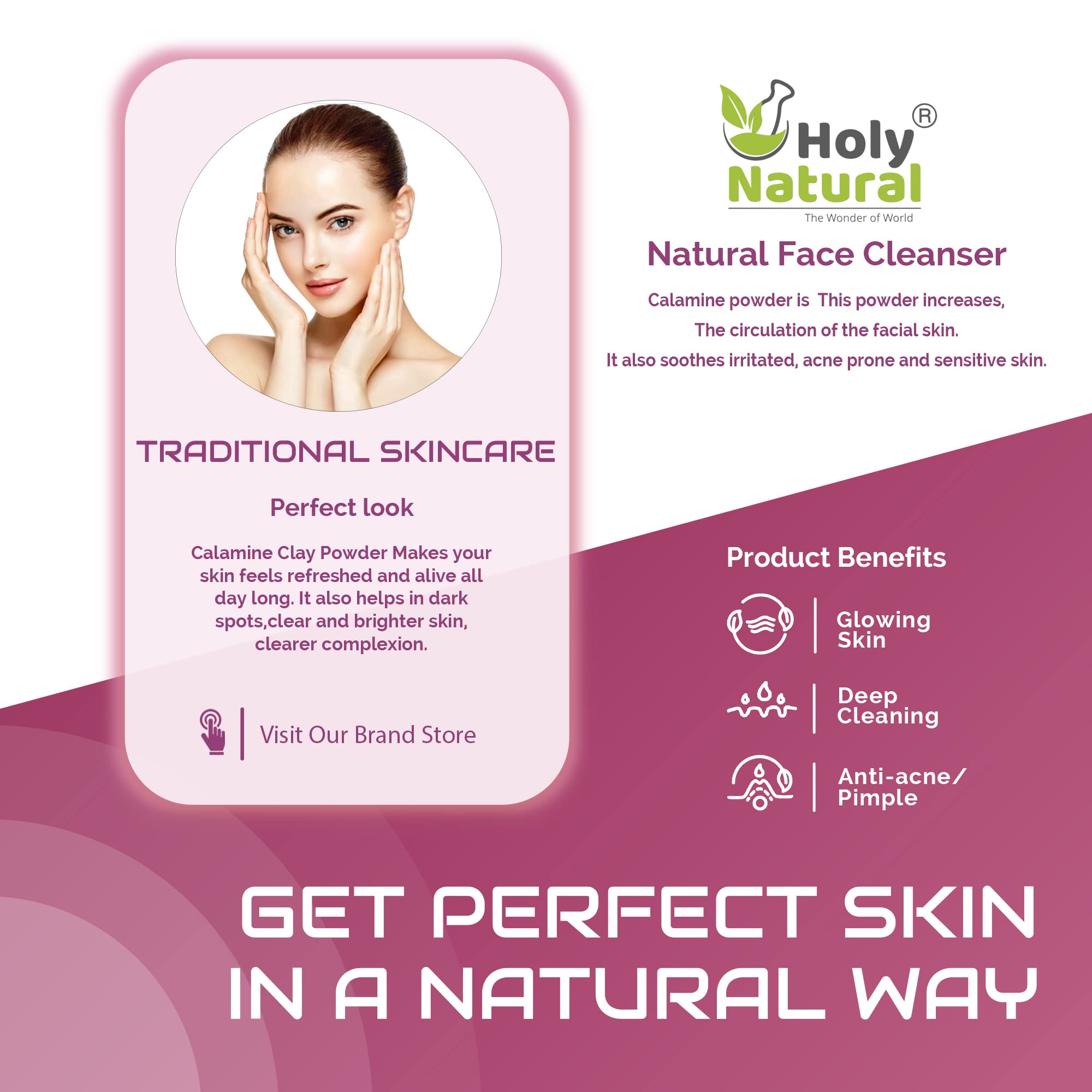 Holy Natural Calamine Clay Powder (180g) - Face & Skin Treatment for Acne, Brightening & Glowing Skin | DIY Face Mask & Pack | Perfect for Oily Skin, Pore Cleansing & Spa Days
