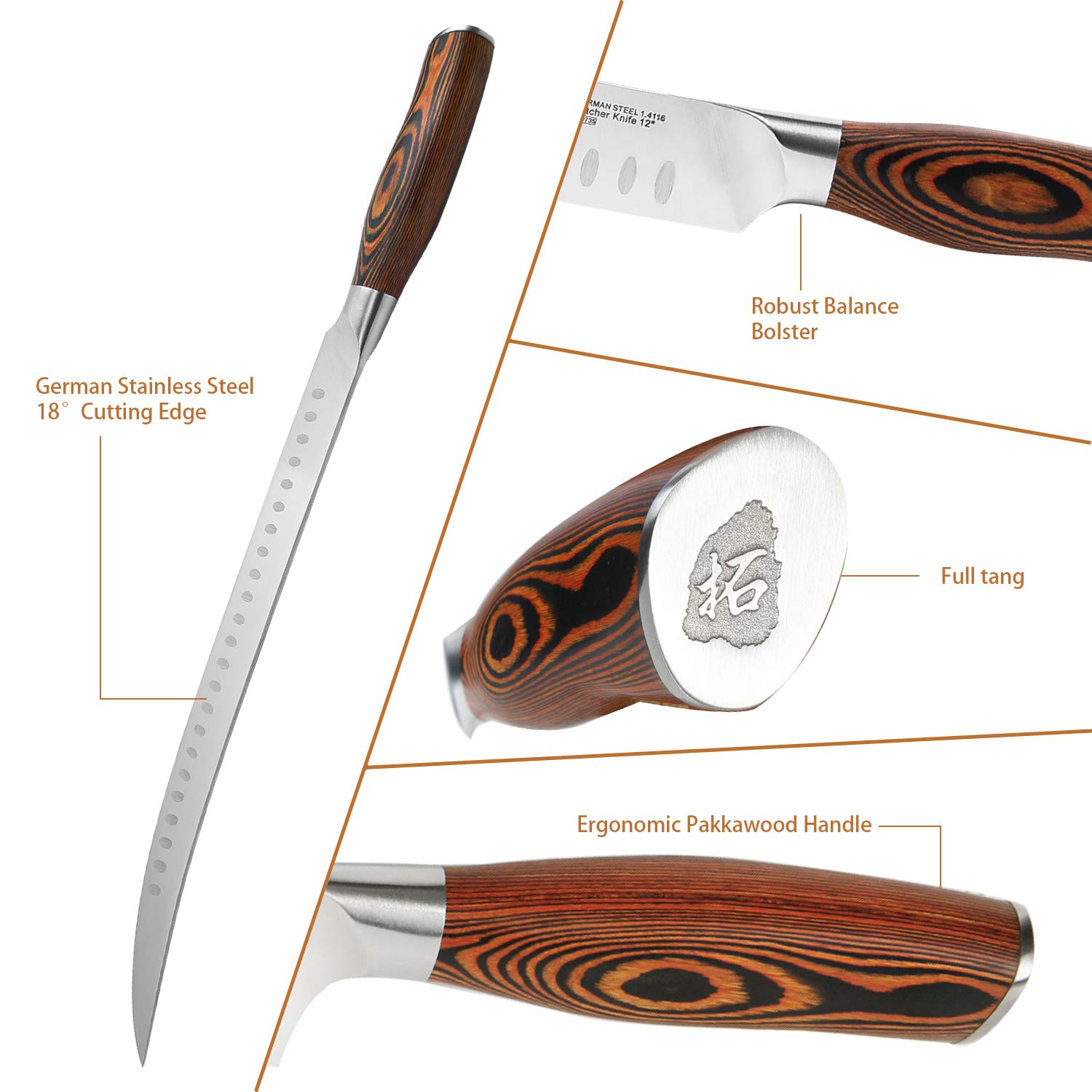 TUO 12-Inch Butcher Knife - German High Carbon Steel with Granton Edge for Effortless Meat Slicing - Curved Blade for Breaking, Carving & Chopping - Ergonomic Pakkawood Handle - Includes Gift Box (Perfect for BBQ, Butcher Shops & Home Kitchen Use)