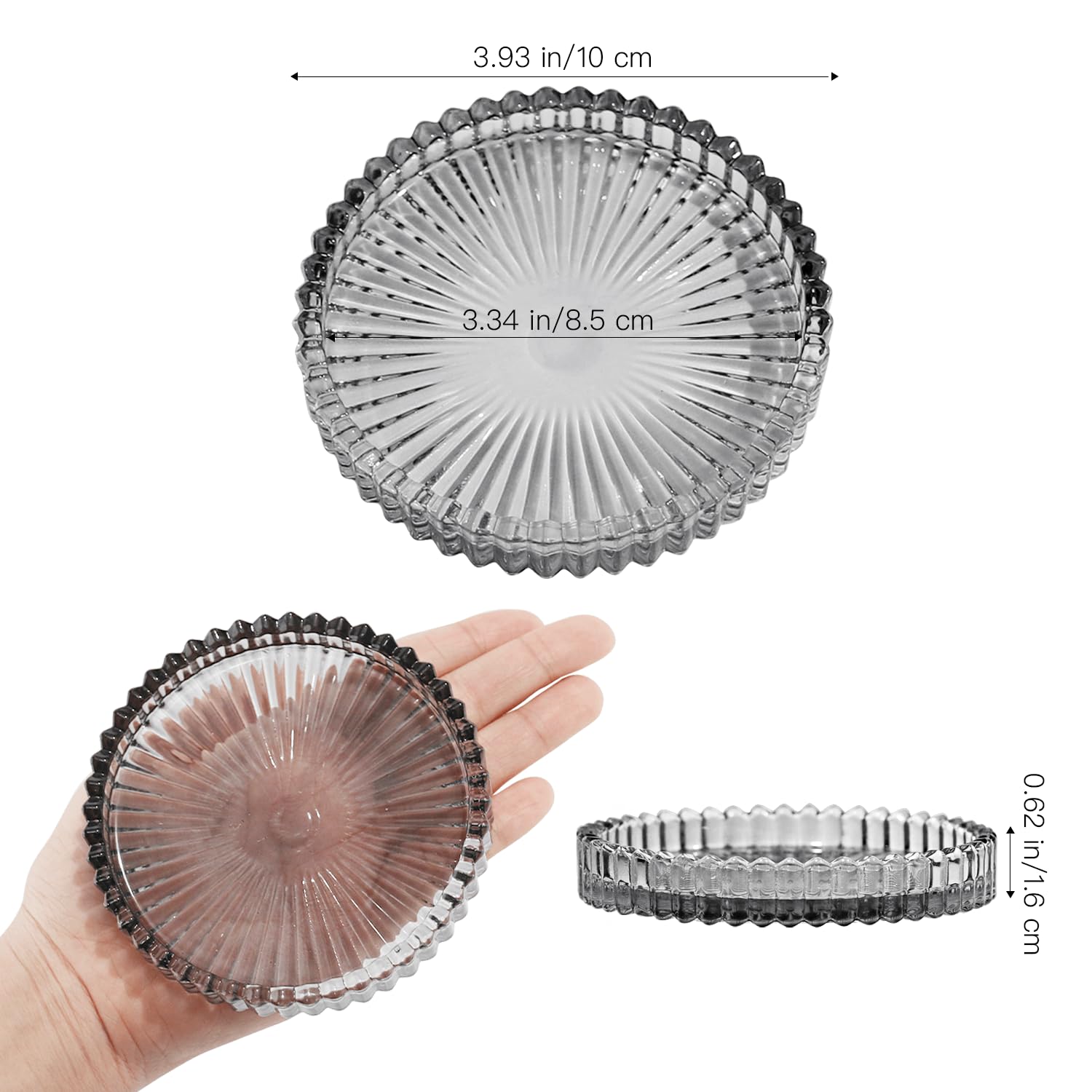 Glass Pillar Candle Holders Set of 6 - 4 Inch Gray Candle Plates for Wedding Centerpieces, Party Decor, Holiday Table Settings & Home Decoration - Elegant Dining Table Centerpiece for Romantic Dinners & Special Occasions
