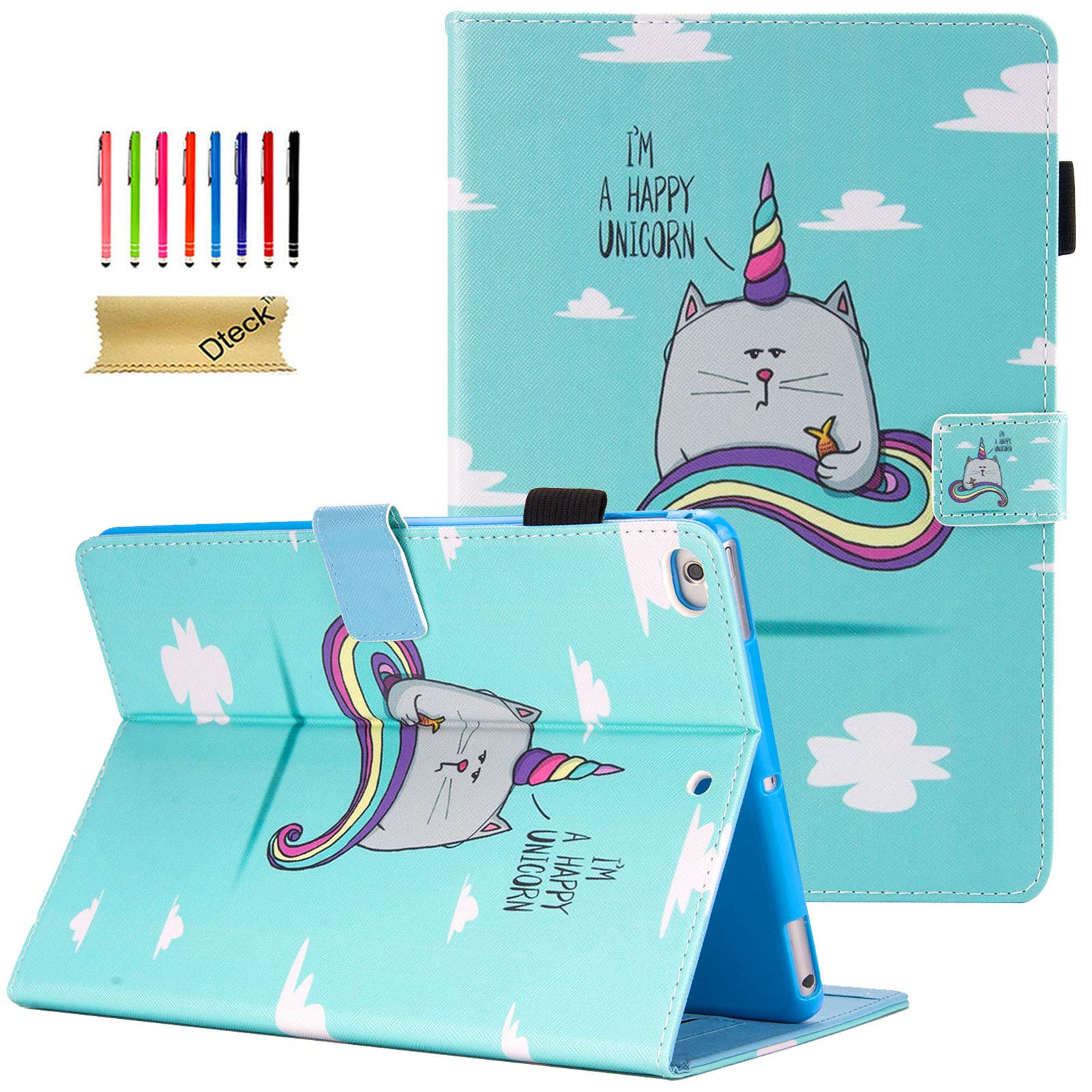 Dteck Protective Case for iPad 9.7 (2017/2018), iPad Air 1/2 - [Corner Protection] Multi-Angle Stand Folio Cover with Auto Sleep/Wake for iPad 6th/5th Gen & iPad Air 1/2 | Happy Unicorn Design | Perfect for Work, Study & Travel