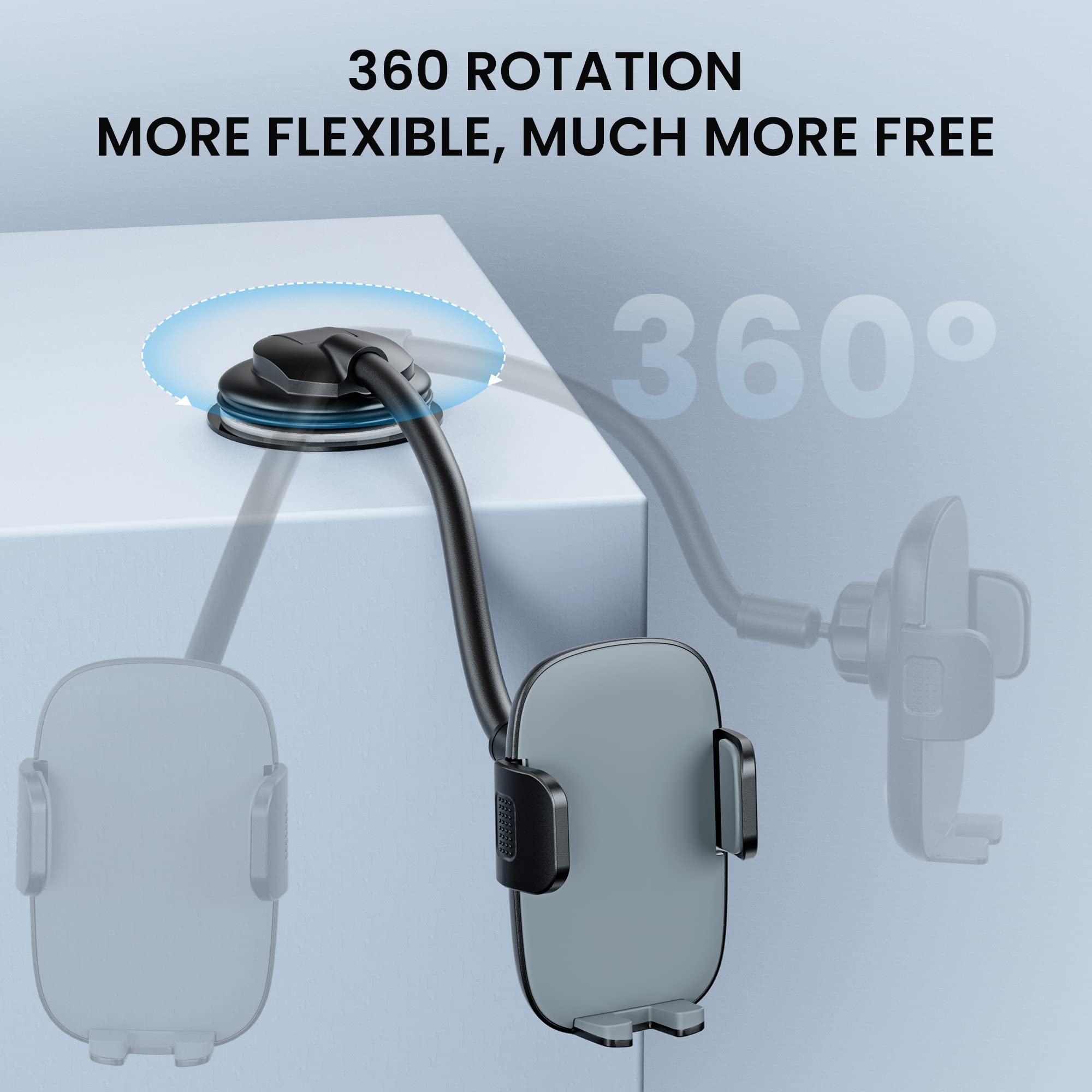 Qifutan Long Arm Car Phone Holder - Anti-Shake Dashboard & Windshield Mount for iPhone, Samsung, Smartphones (Grey) - Perfect for GPS Navigation, Hands-Free Calling & Road Trips