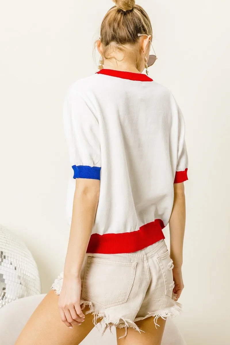 BiBi USA Women's Metallic Letter Color Block Knit Top - Trendy Casual Pullover for Streetwear & Everyday Fashion