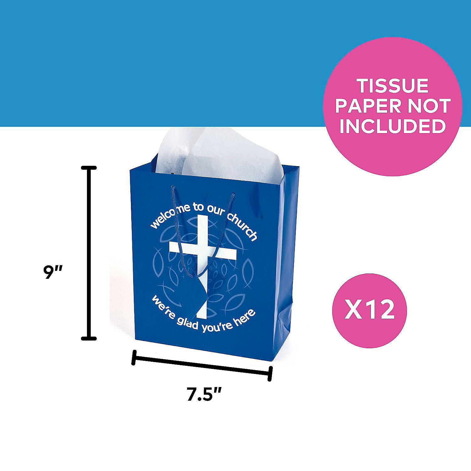 Blue Welcome To Our Church Gift Bags - Set of 12 Religious Party Favors for Baptism, First Communion & Church Events - Bulk Church Supplies for Sunday School & Christian Celebrations