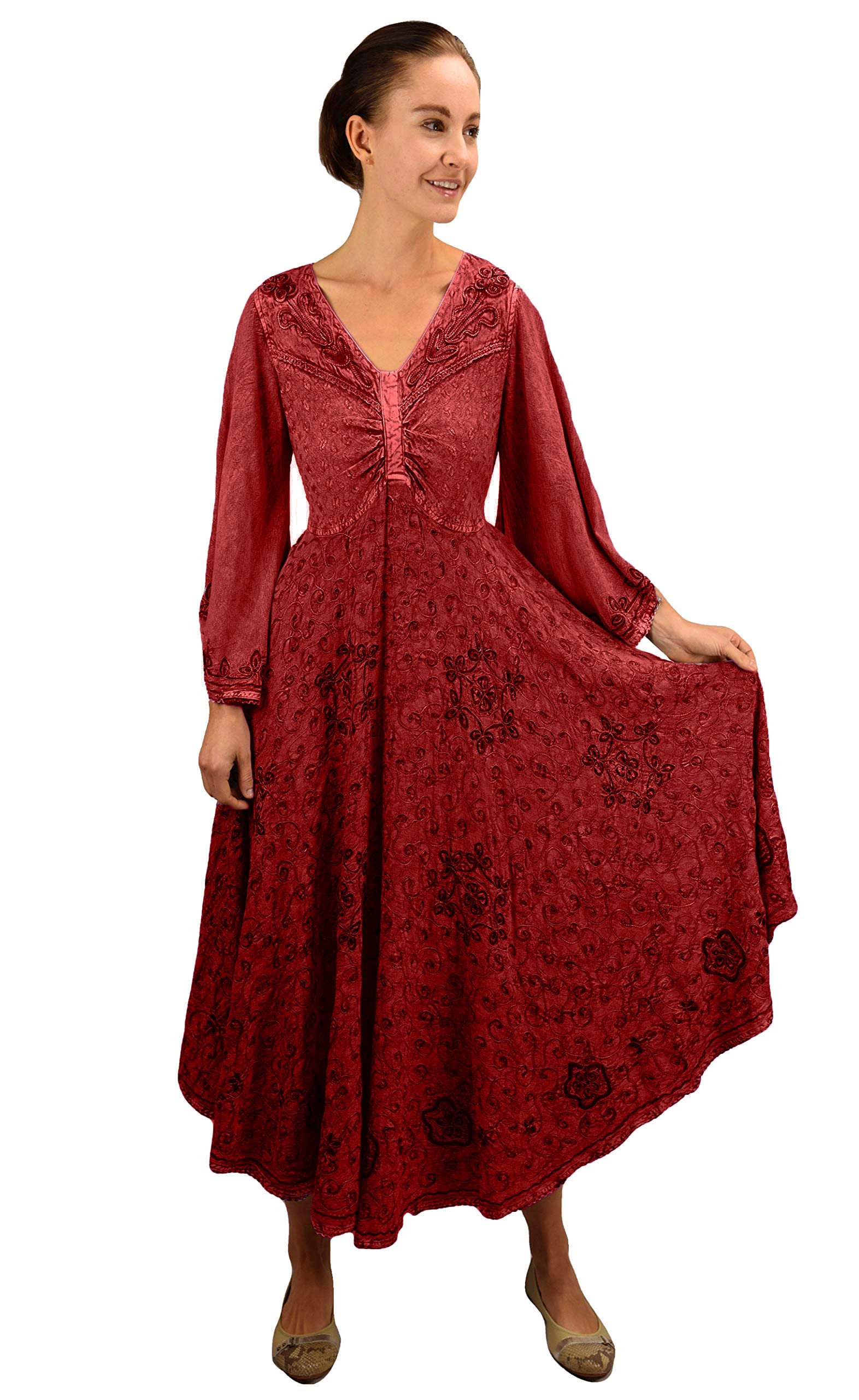 Agan Traders Women's 2025 Spring Bohemian Medieval Renaissance Embroidered Bell Sleeve Flared Calf-Length Dress Gown - Perfect for Renaissance Fairs, Medieval Themed Parties & Boho Chic Fashion