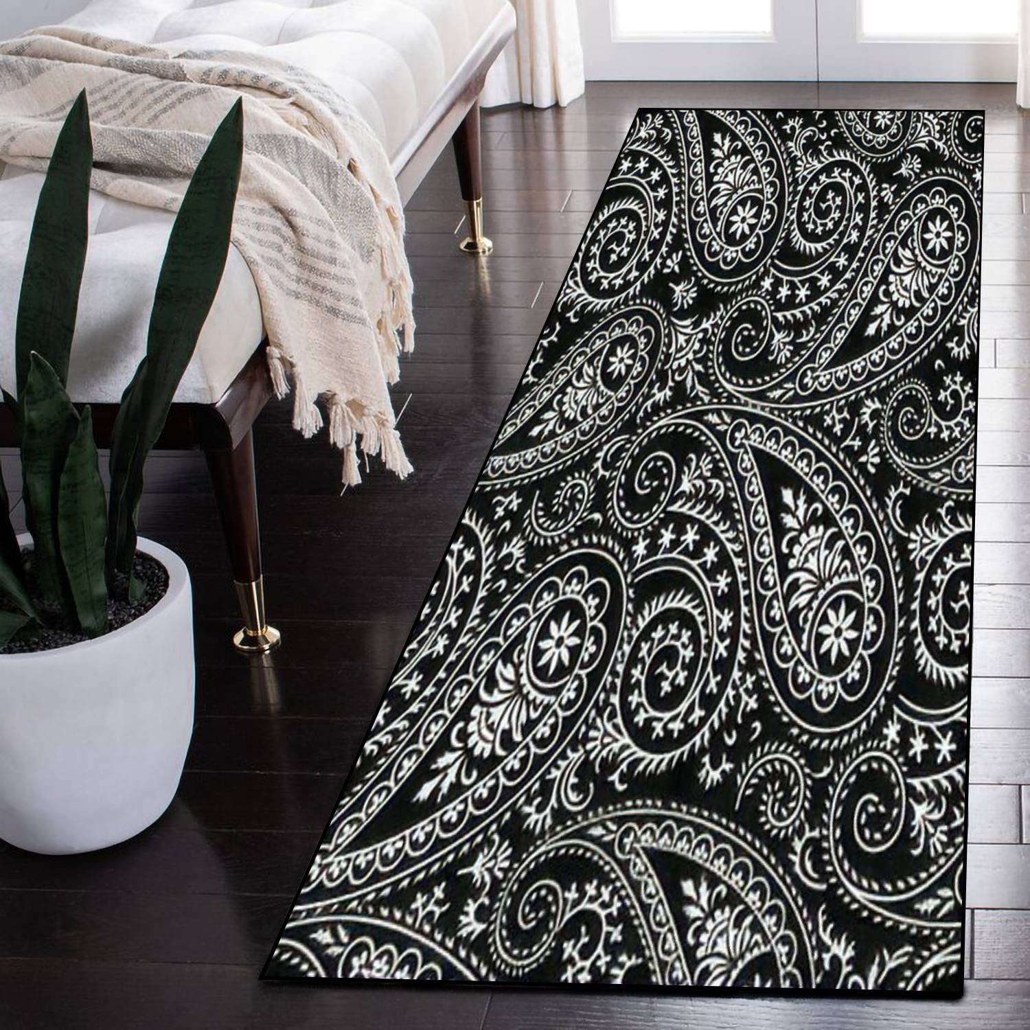 Elegant Hand-Drawn Paisley Long Rug - Non-Slip Seamless Area Floor Mat for Indoor & Outdoor Use - Perfect for Hallway, Entryway, Living Room, Bathroom, Kitchen, Yoga Studio & Home Decor