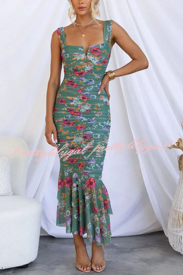 Floral Ruched Mesh Overlay Ruffle Hem Maxi Dress - Elegant Women's Summer Party & Wedding Guest Dress for Beach Vacations & Special Occasions