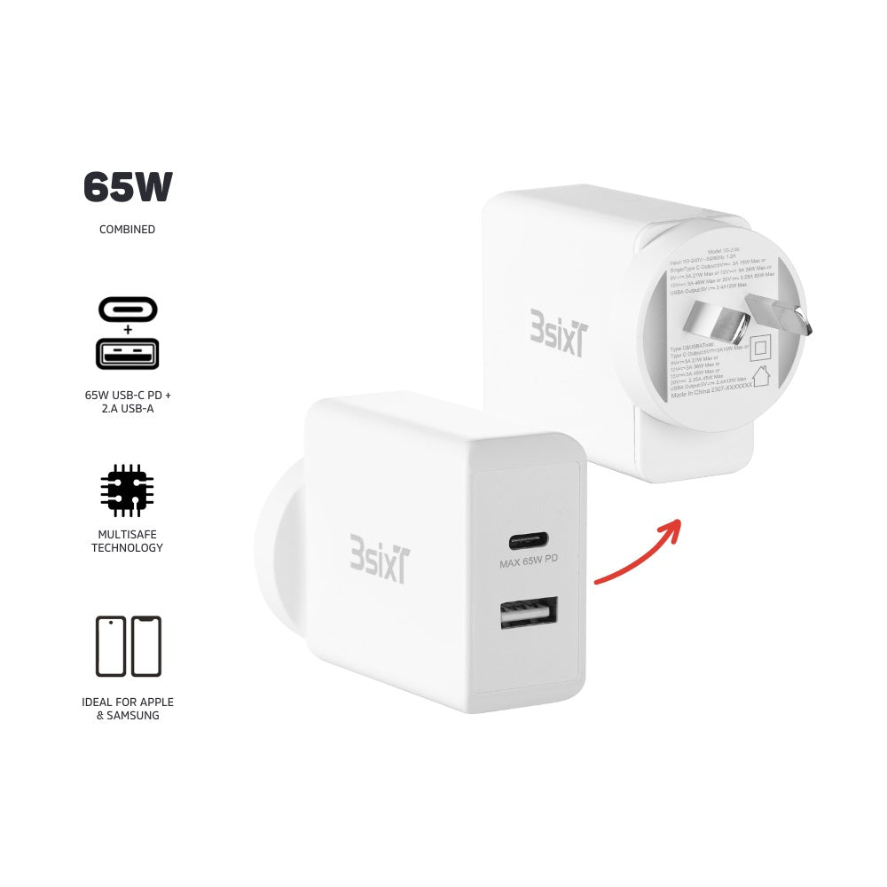 3sixT ANZ 65W USB C PD Fast Wall Charger with 2.4A Port - Compact & Powerful for iPhone 15/14/13, MacBook, iPad, Samsung Galaxy - Perfect for Travel, Home & Office Use