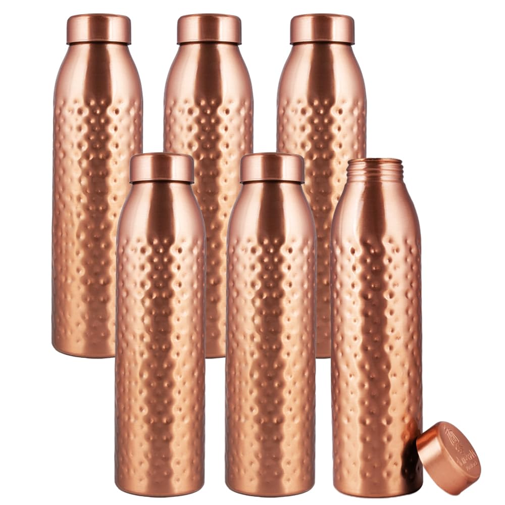Norman Jr 1L Pure Copper Water Bottle - Set of 6 Hammered Ayurvedic Vessels with Gift Box | Promotes Hydration & Health Benefits | Perfect for Home, Office, Yoga & Outdoor Activities