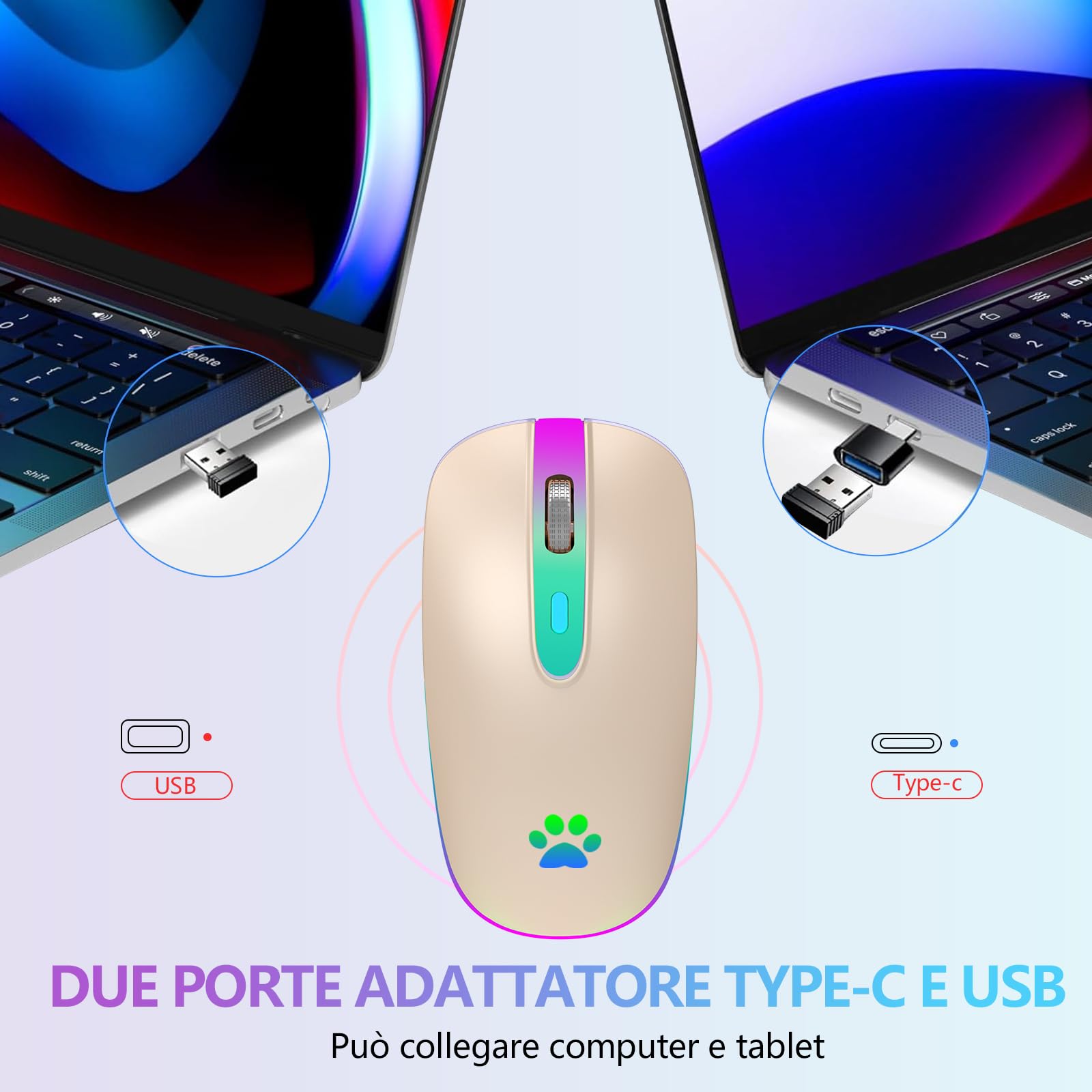 Rechargeable Wireless Gaming Mouse with Bluetooth & 2.4GHz USB Receiver, 7 RGB Colors for PC, Laptop, Mac, Notebook - Compatible with Windows & Android - Perfect for Gaming, Office Work & Travel