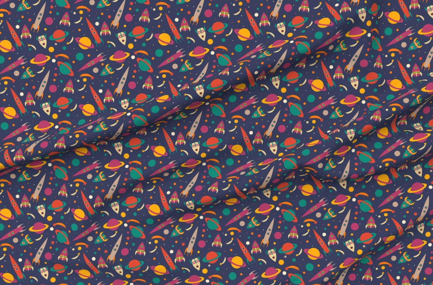 Rocket Space Cosmic Planets UFO Galaxy Printed Cotton Fabric by The Yard - Premium Petal Signature Cotton for Sewing, Quilting, Apparel & DIY Crafts - Perfect for Nursery Decor, Boys Room & Space-Themed Projects