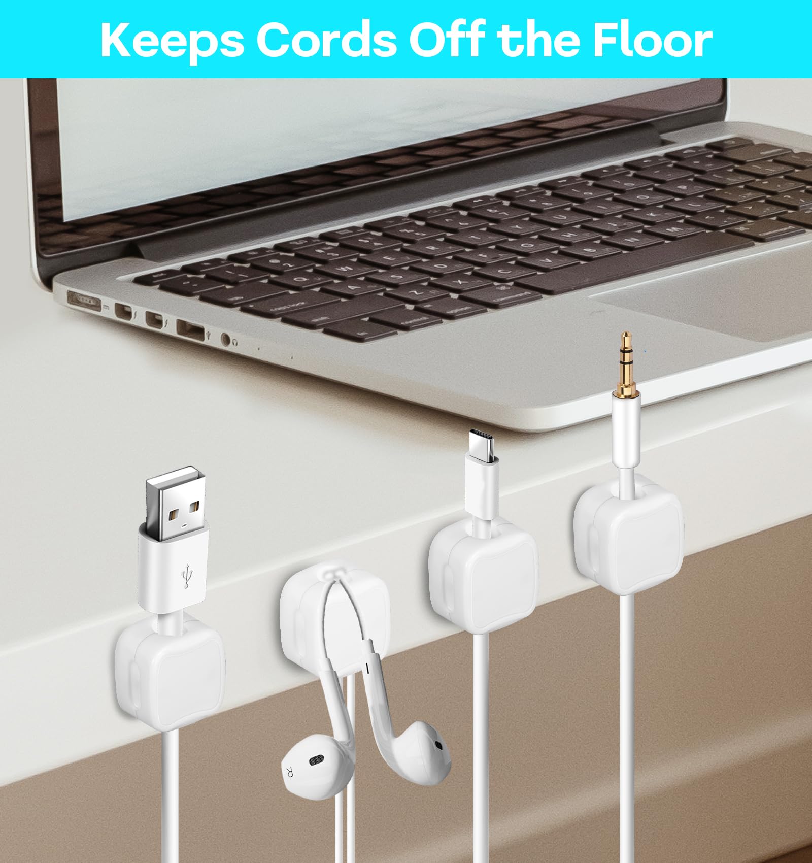 6 Pack Magnetic Cable Clips - Strong Adhesive Cord Organizer for iPhone Charger, USB Cables, Phone Wires - Perfect for Nightstand, Car, Office, Home Desk & Wall Mount (White) - Keep Your Space Tidy & Tangle-Free