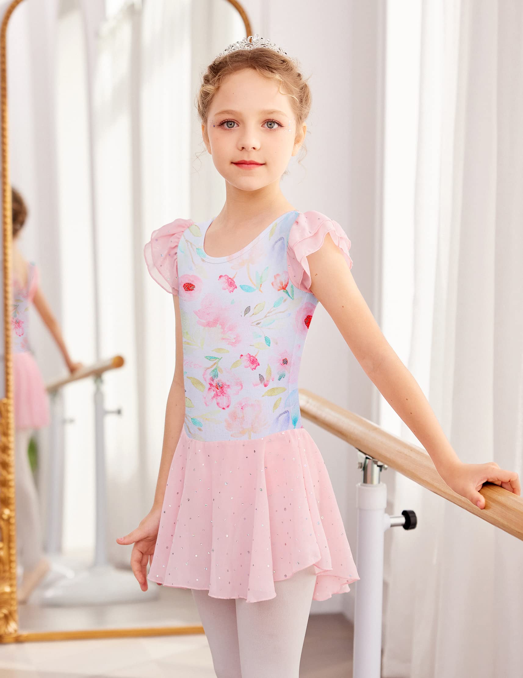 Arshiner Girls Ballet Leotard with Skirt - Shiny Ruffle Sleeve Dance Dress with Criss-Cross Back for Ballet, Jazz, Recital & Performance (Toddler to Kids)