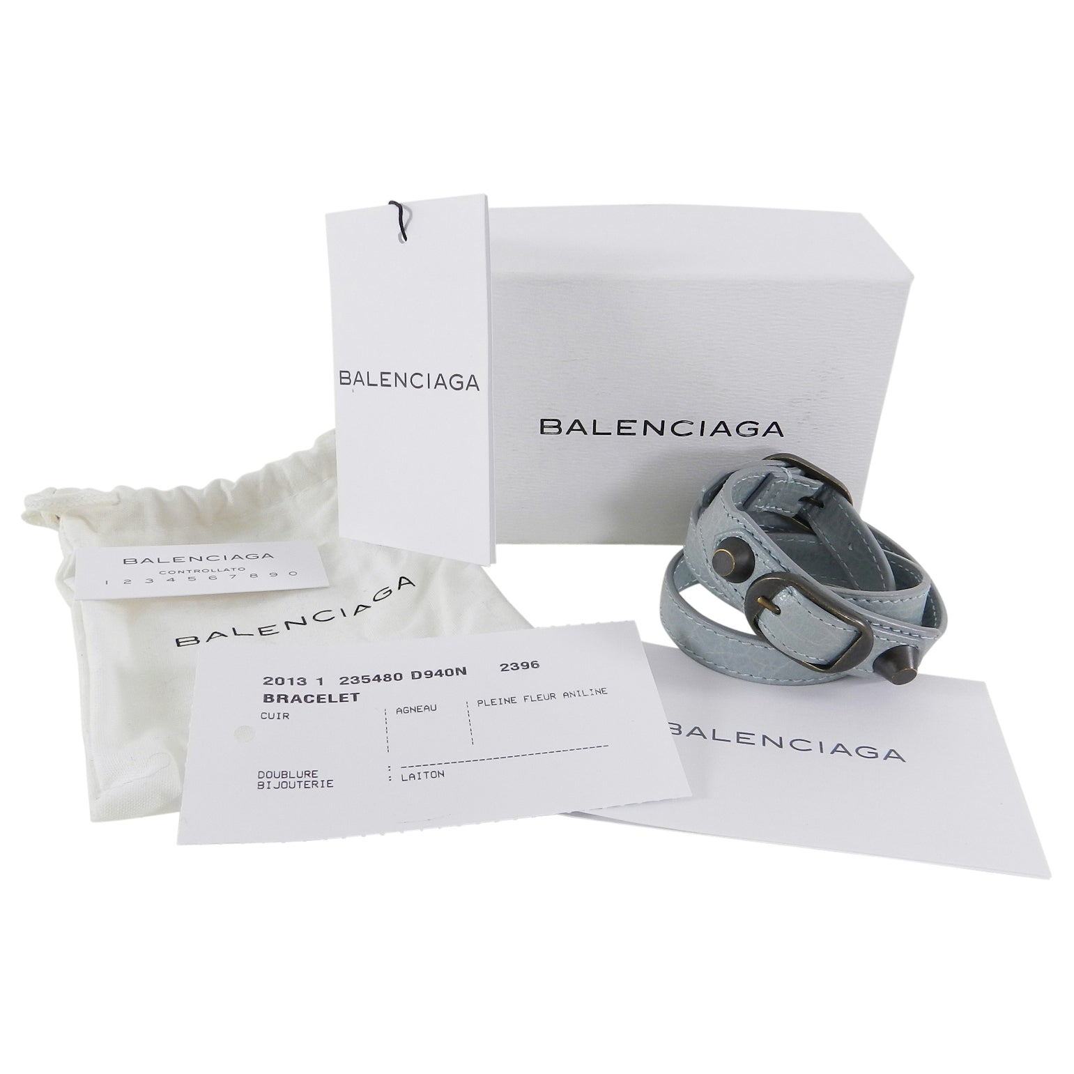 Balenciaga Light Ice Blue Giant Stud Triple Wrap Leather Bracelet for Women - Luxury Fashion Accessory for Parties, Gifts & Everyday Wear