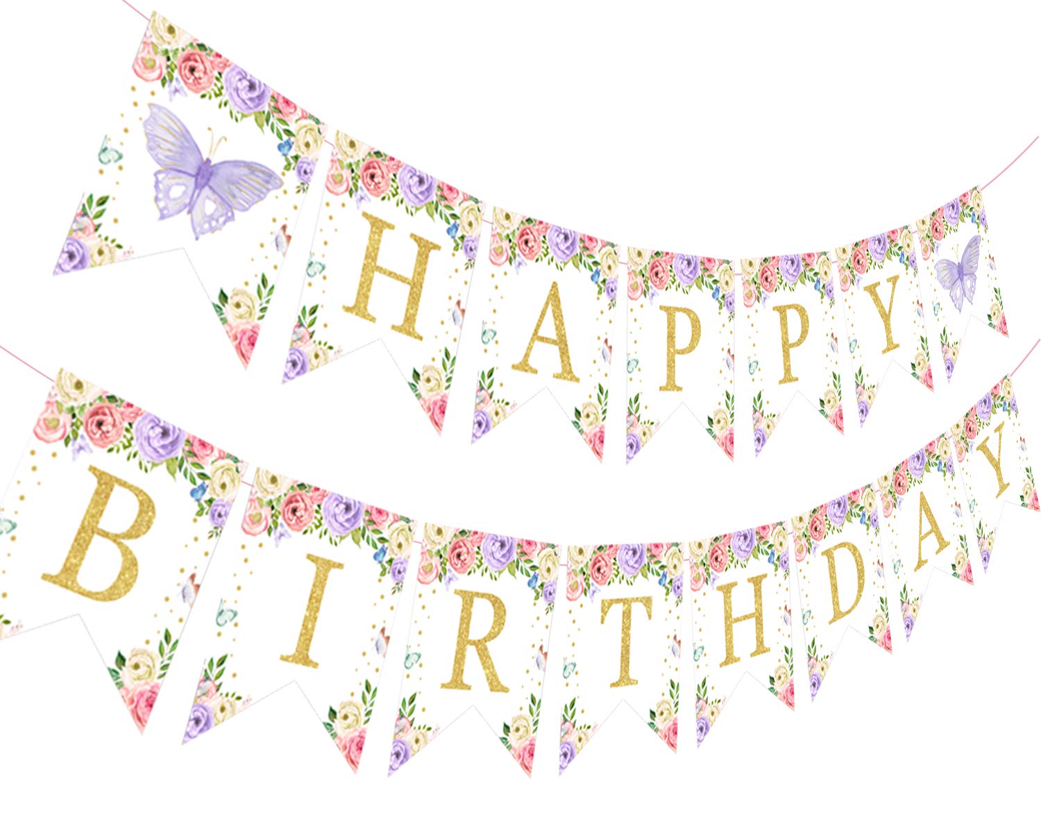 Butterfly Floral Birthday Banner - Pink & Purple 1st 2nd 3rd Birthday Party Decorations for Girls, Women - Fairy Garden Theme Birthday Supplies for Baby Shower, Kids Party, Nursery Decor