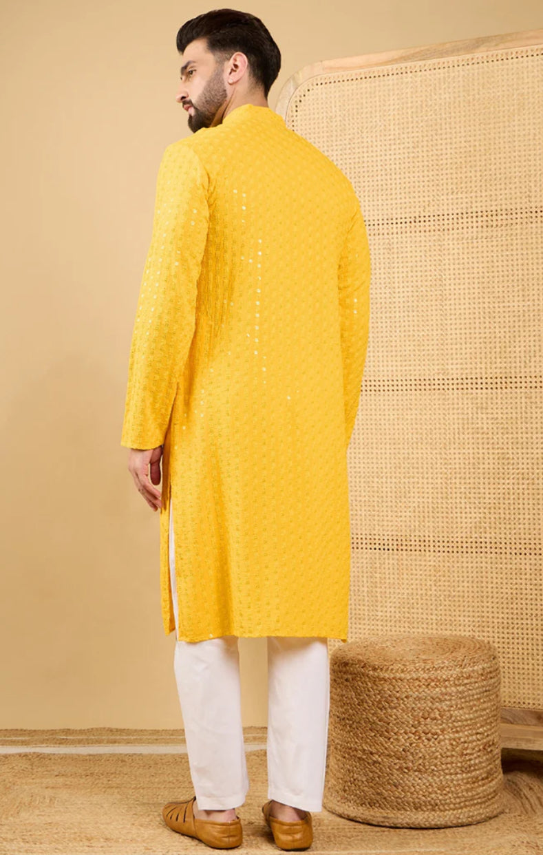 Men's Yellow Embroidered Chikankari Kurta - Traditional Indian Cotton Tunic for Casual Wear & Festive Occasions