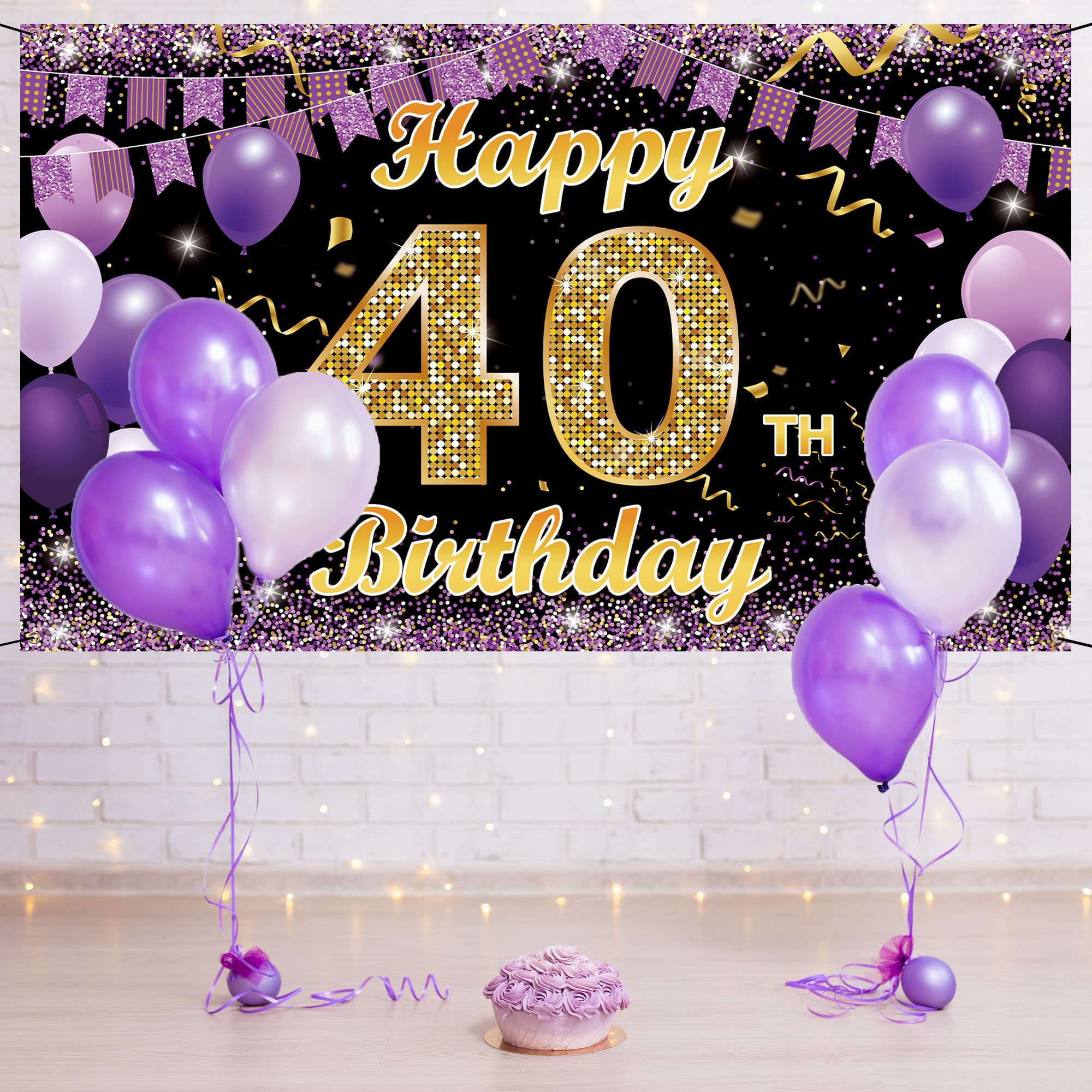 Vicycaty 40th Birthday Decorations - 6.1ft x 3.6ft Purple & Gold Happy 40th Birthday Banner Backdrop for Women, 40 Years Old Photo Props, Indoor Outdoor Party Sign | Perfect for Birthday Parties, Photo Booths & Anniversary Celebrations