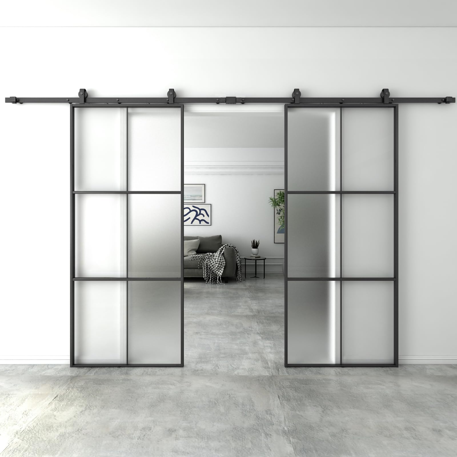 84 x 96 Inch Frosted Glass Double Barn Door with 14FT Sliding Hardware Kit - Aluminum Frame Easy Assembly for Bedroom, Closet & Room Divider | BARNSMITH