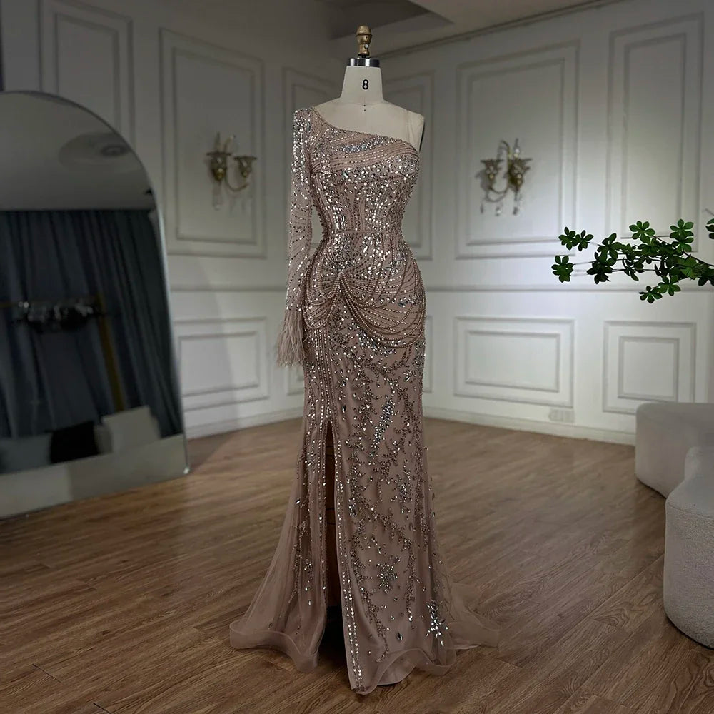 Luxury One Shoulder Beaded Feather Mermaid Evening Dress for Women - Elegant Dubai Nude Gown with High Slit, Perfect for Parties, Prom, and Formal Events - LA72353