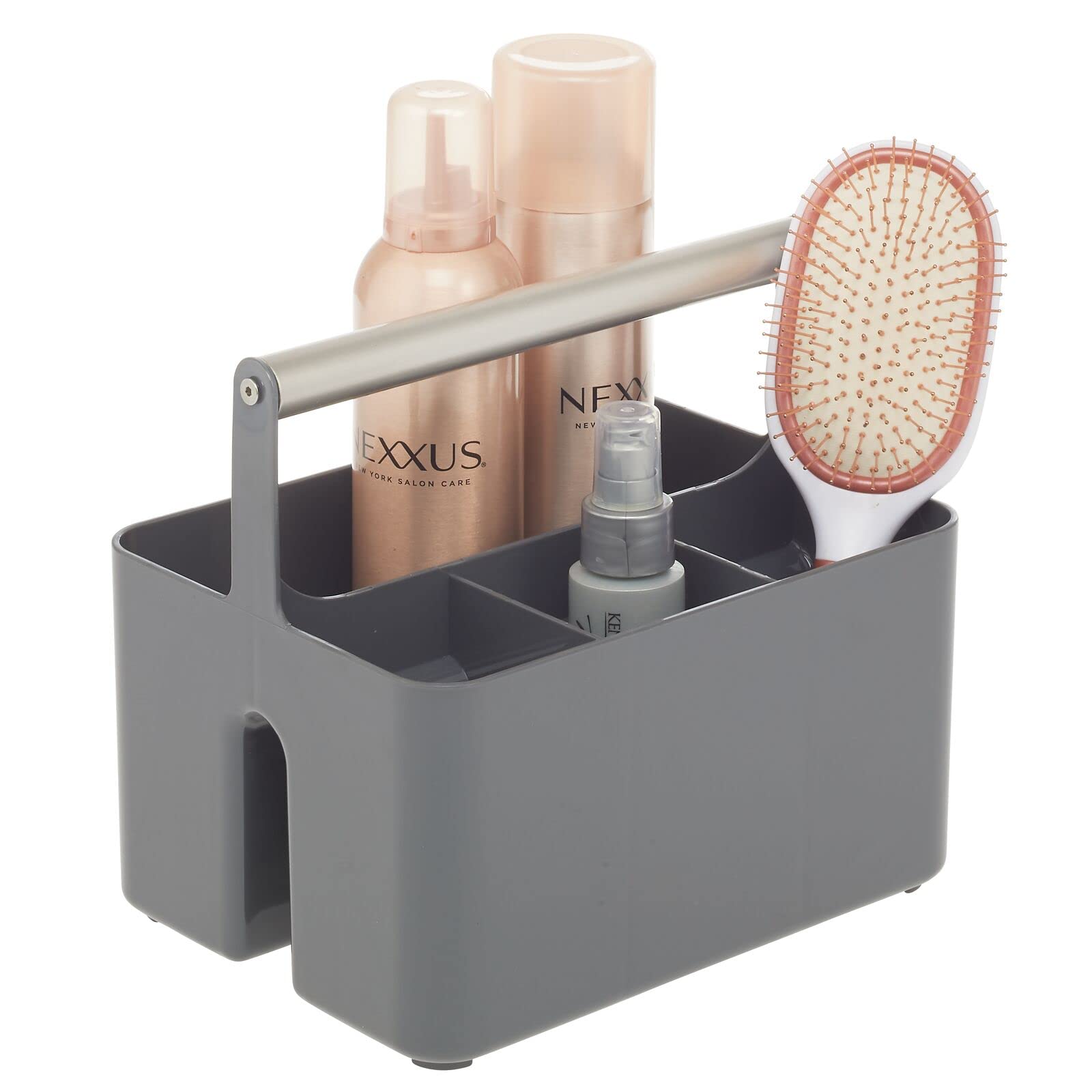 mDesign Plastic Shower Caddy Organizer with Metal Handle - Bathroom Storage Basket for Soap, Shampoo & Conditioner - Dorm & Kitchen Utility Tote - Aura Collection in Charcoal Gray/Satin - Perfect for Small Spaces & Clutter-Free Showers