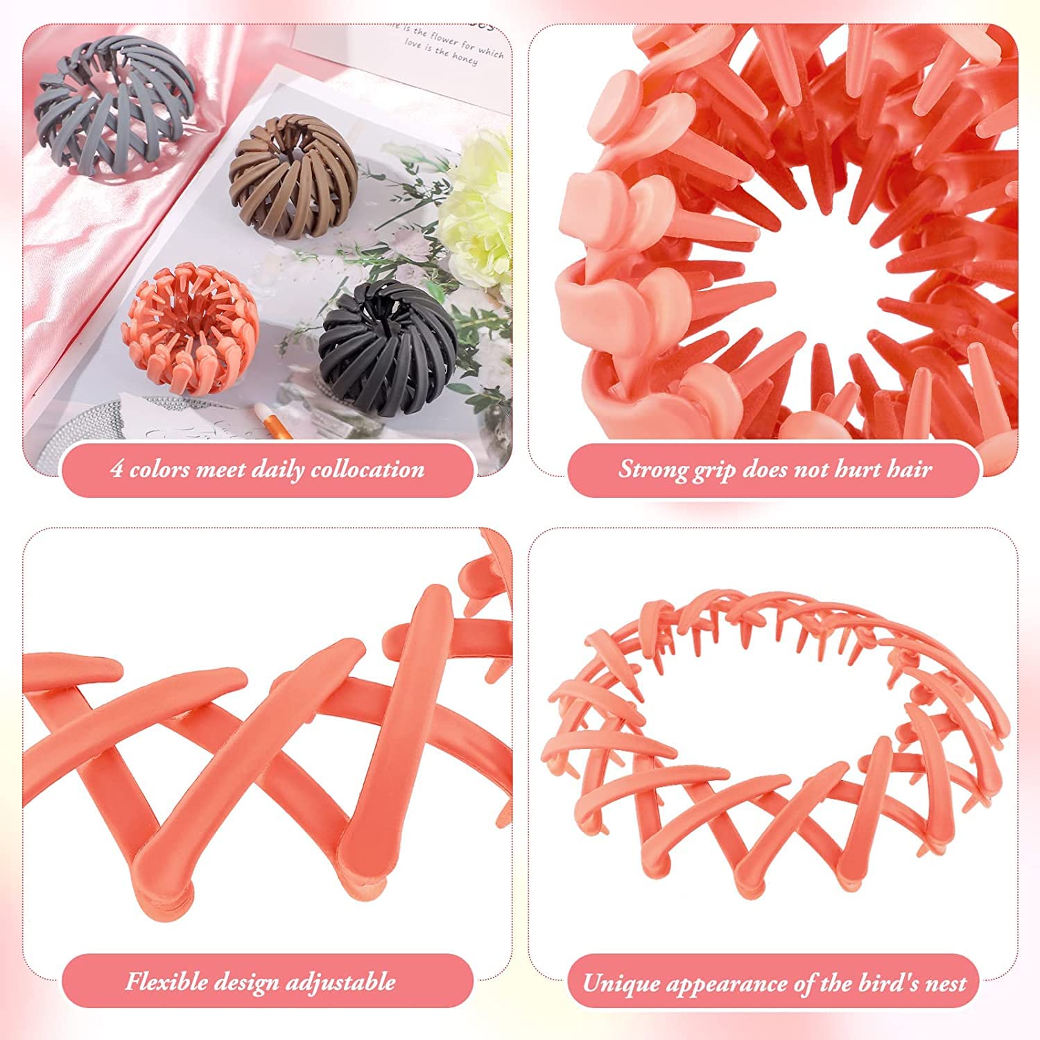 Matte Bird Nest Hair Clips for Women - 4-Piece Multicolor Ponytail Holders & Bun Makers | Plastic Hair Accessories for Updos, Braids & Everyday Styling