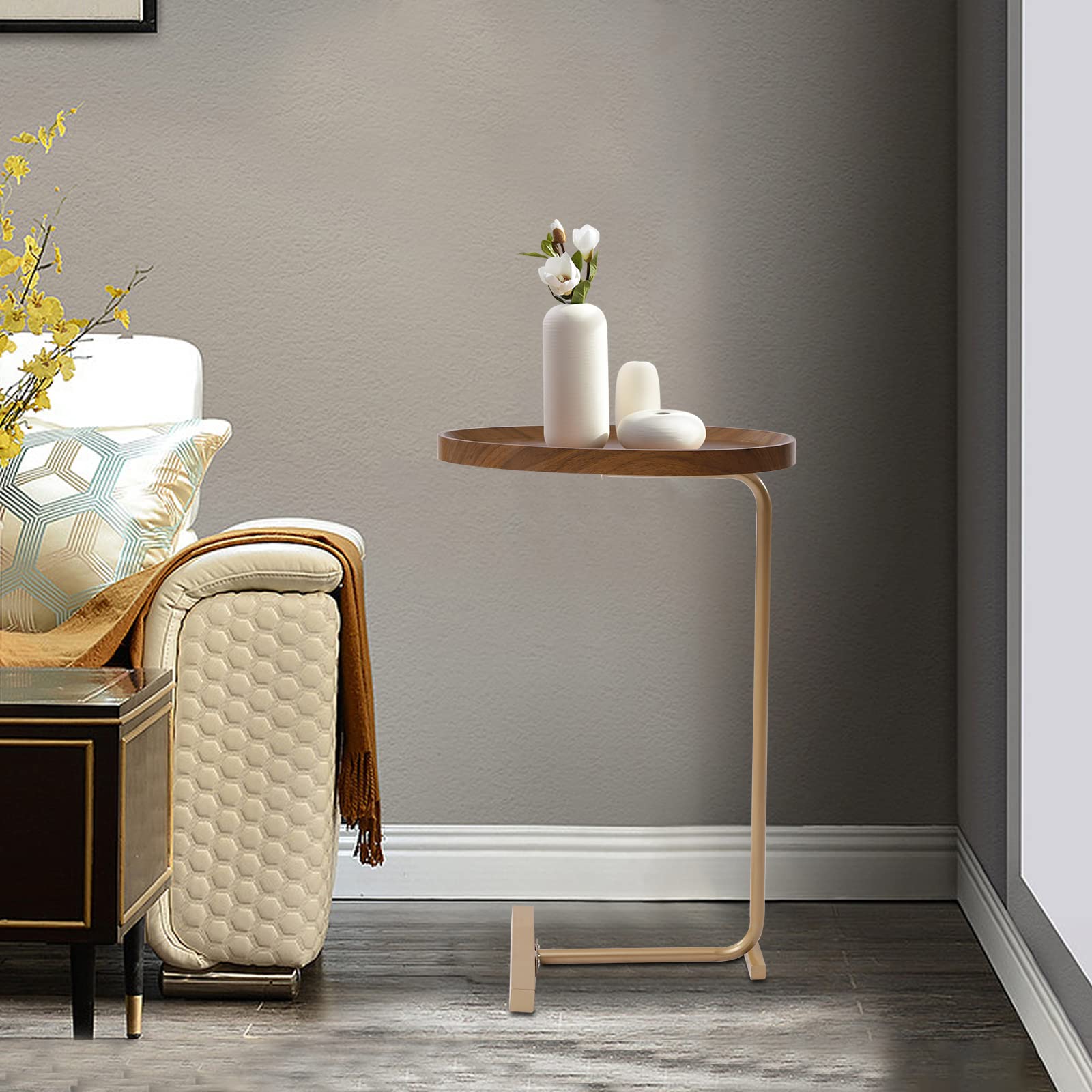 C-Shaped End Table with Gold & Walnut Finish - Freestanding Coffee Couch Desk for Laptop, Bedroom, Living Room & Office - Compact Side Table for Small Spaces, Sofa Snacking & Workspace Convenience