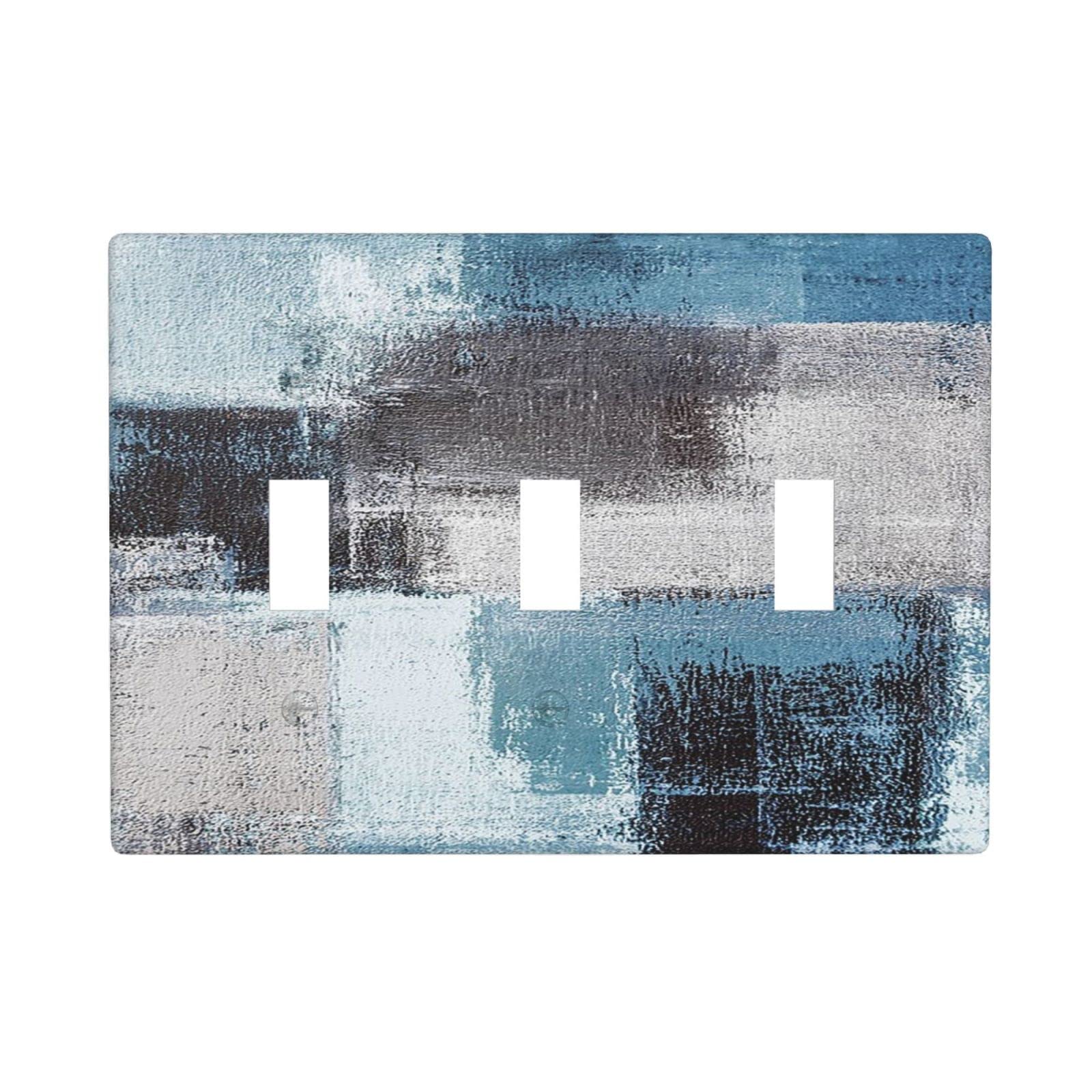 Abstract Blue Gray Black Triple Toggle Light Switch Cover - Decorative 3 Gang Wall Plate for Living Room, Bedroom - 4.5
