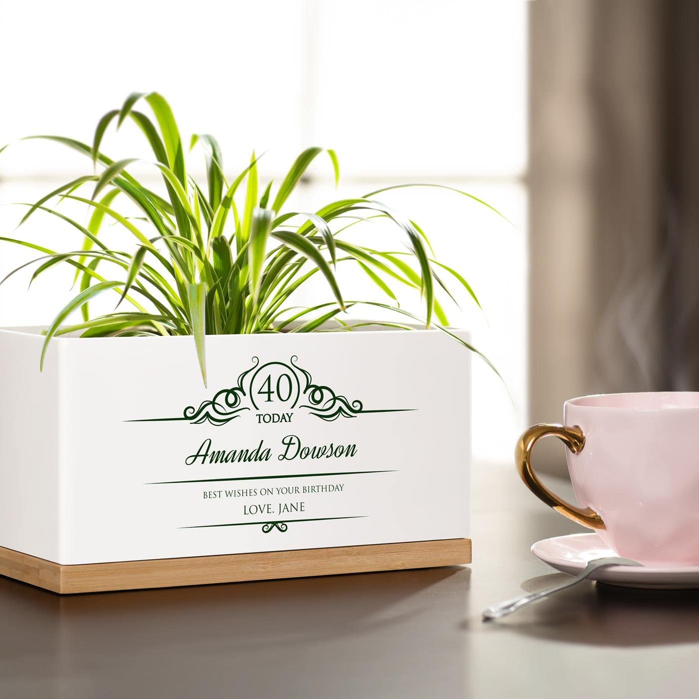 Ceramic Planter Pot with Bamboo Tray - Elegant Flower Pot for Indoor Plants, Home Decor & Gift Ideas - Perfect for Housewarming, Birthday & Mother's Day - Customizable Jewelry Storage Box for Women & Girls