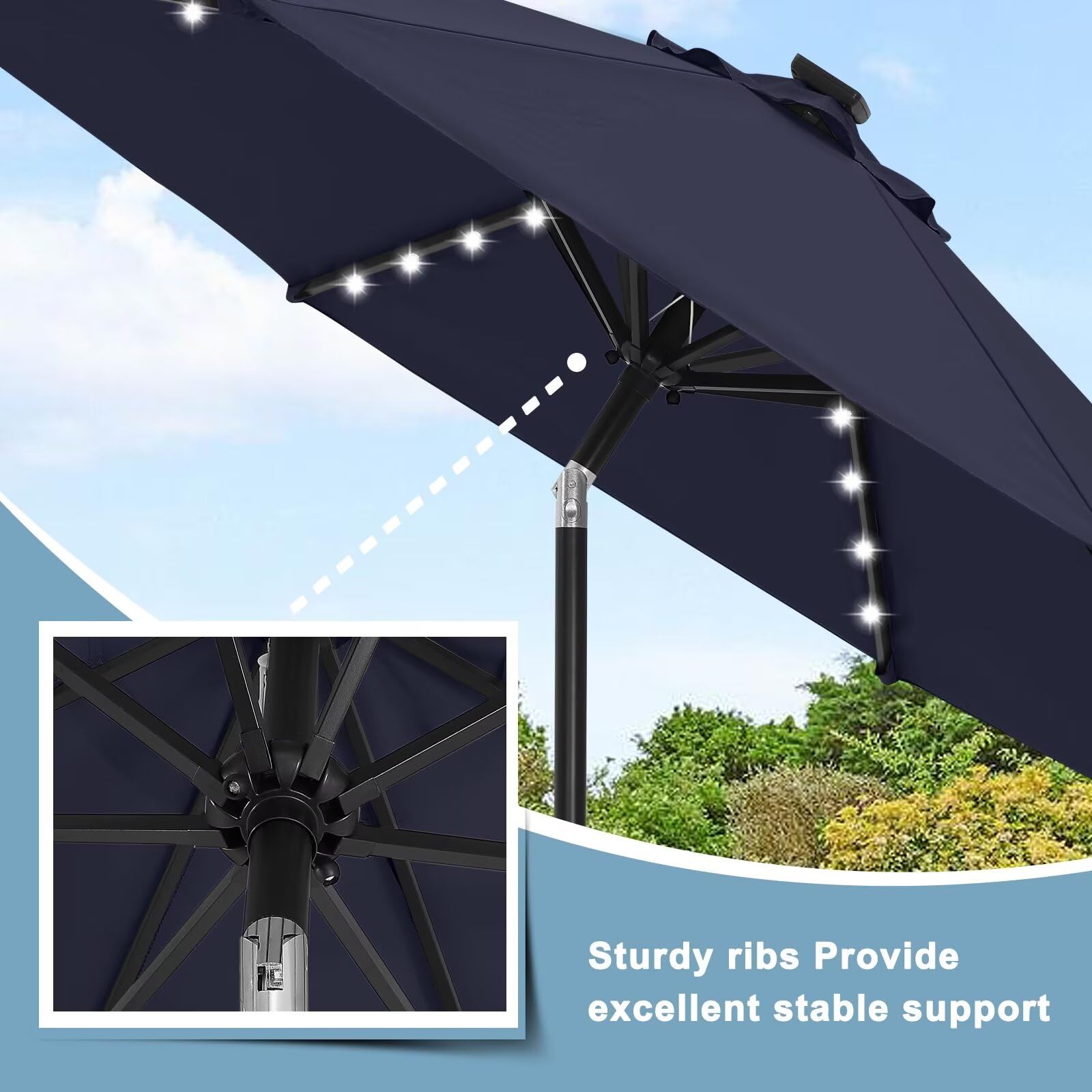 ABCCANOPY 9FT Solar LED Patio Umbrella with 32 LED Lights - Durable Outdoor Shade Umbrella in Navy Blue for Garden, Poolside, Backyard & Patio Relaxation