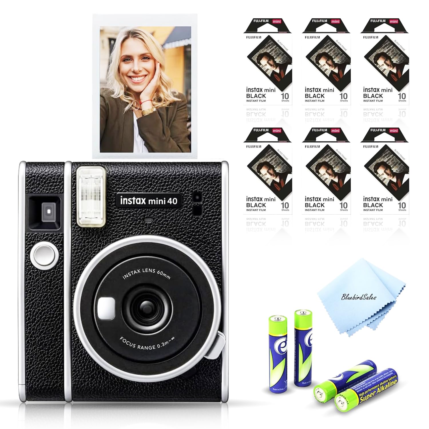 Fujifilm Instax Mini 40 Instant Film Camera Vintage Black with 40 Exposures Instax Mini Film, 4 AA Batteries & Cleaning Cloth Bundle - Perfect for Parties, Travel & Instant Photo Gifts