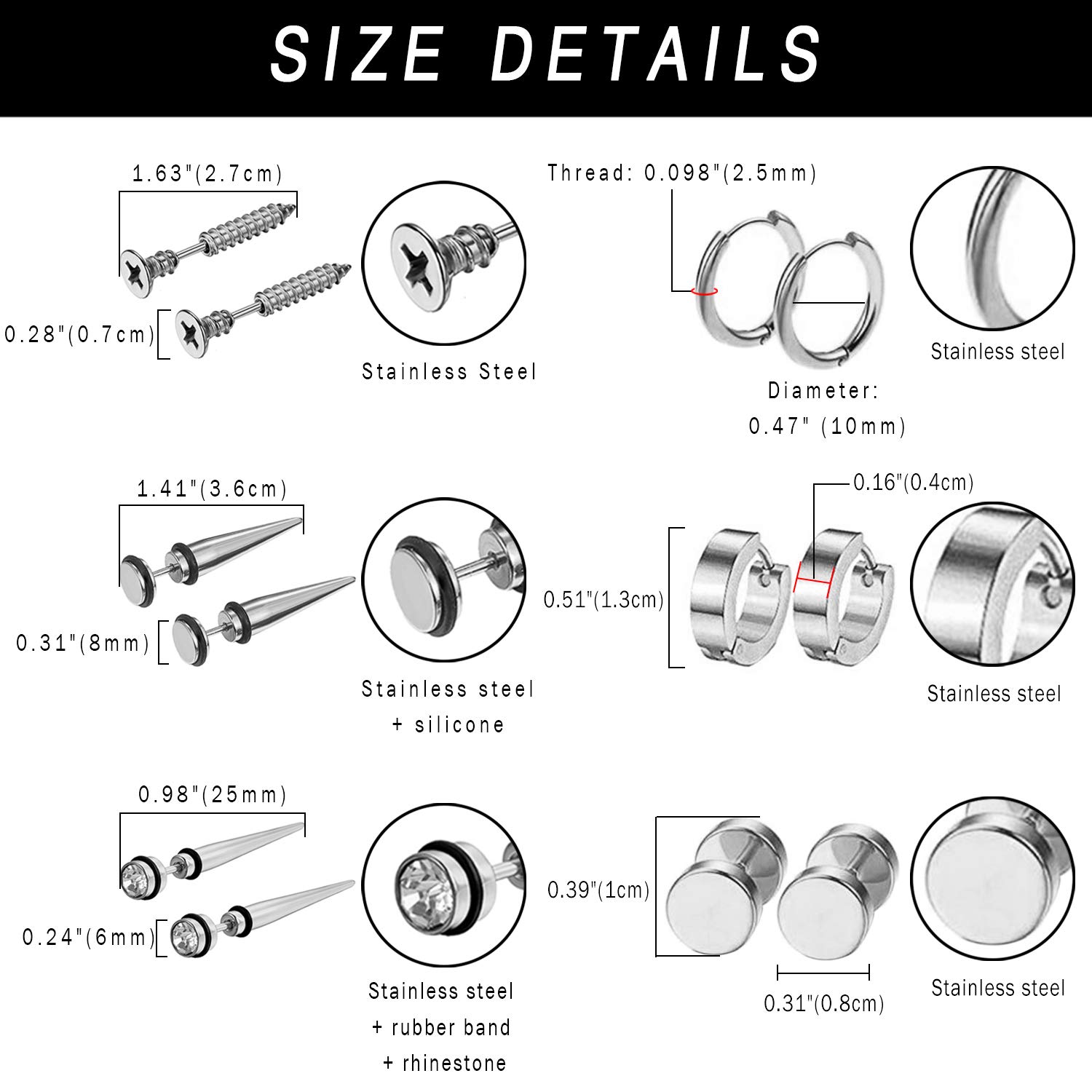 **Aroncent 6 Pairs Stainless Steel Small Hoop Earrings for Men & Women - Fake Gauges, Spike Earrings Set | Hypoallergenic, Lightweight & Durable | Perfect for Casual Wear, Parties & Gifts**