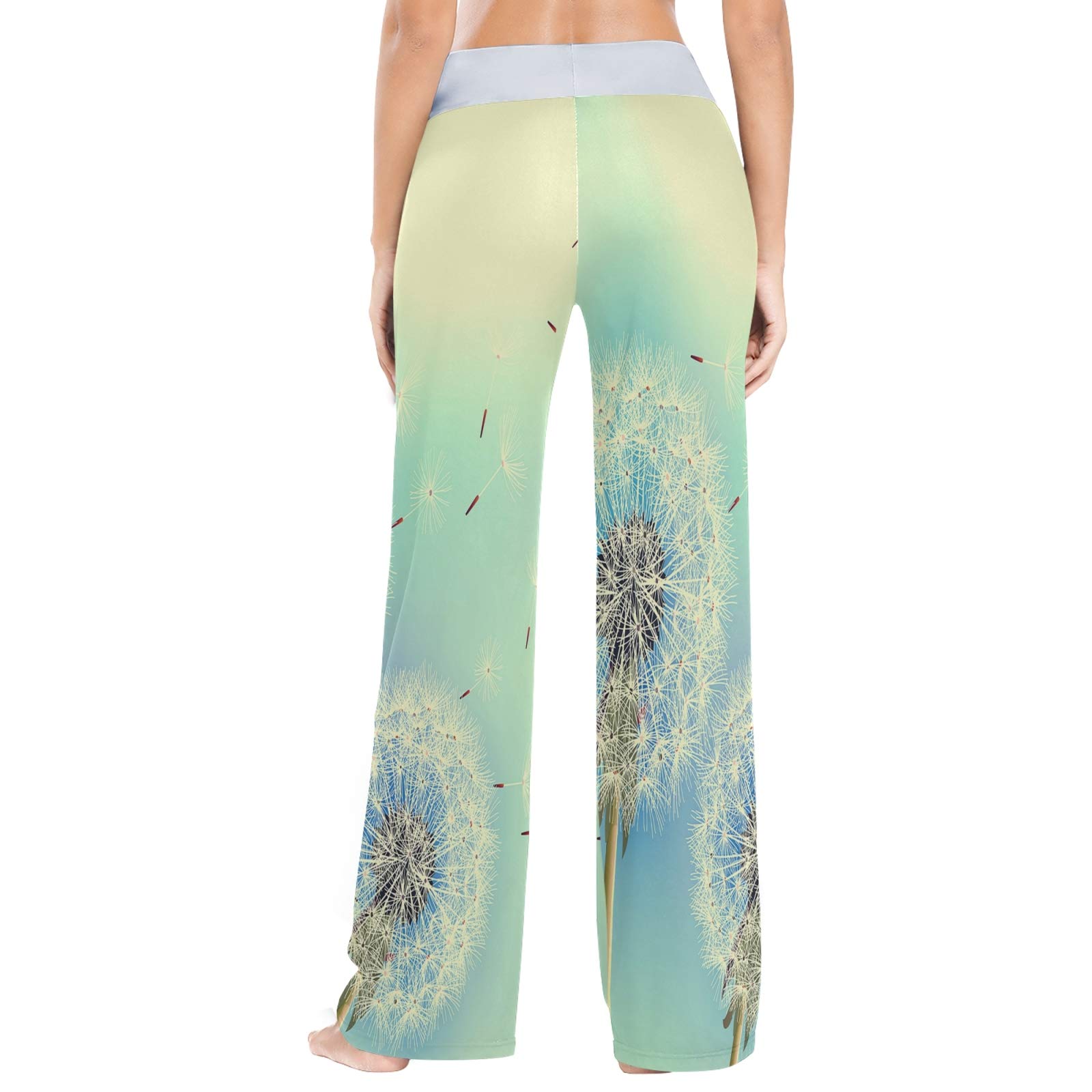 Vintage Dandelion Print Lounge Pants - Soft Stretchy Wide Leg Sleepwear with Drawstring Waist (Large) - Perfect for Relaxing at Home, Yoga & Cozy Nights