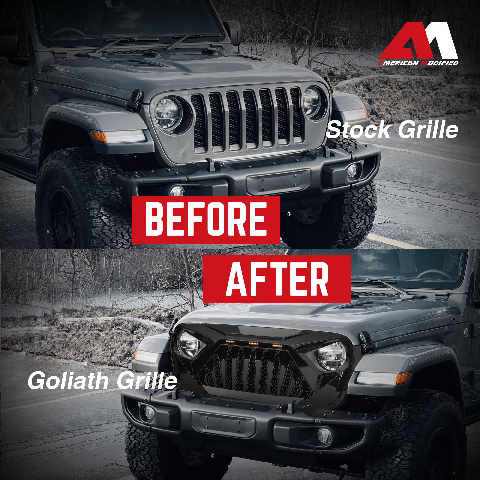 Goliath Grille with LED Amber Lights for 2018+ Jeep Wrangler JL & 2020+ Gladiator JT (Non-TrailCam) - Glossy Black | Off-Road Upgrade | Enhanced Style & Visibility for Night Adventures