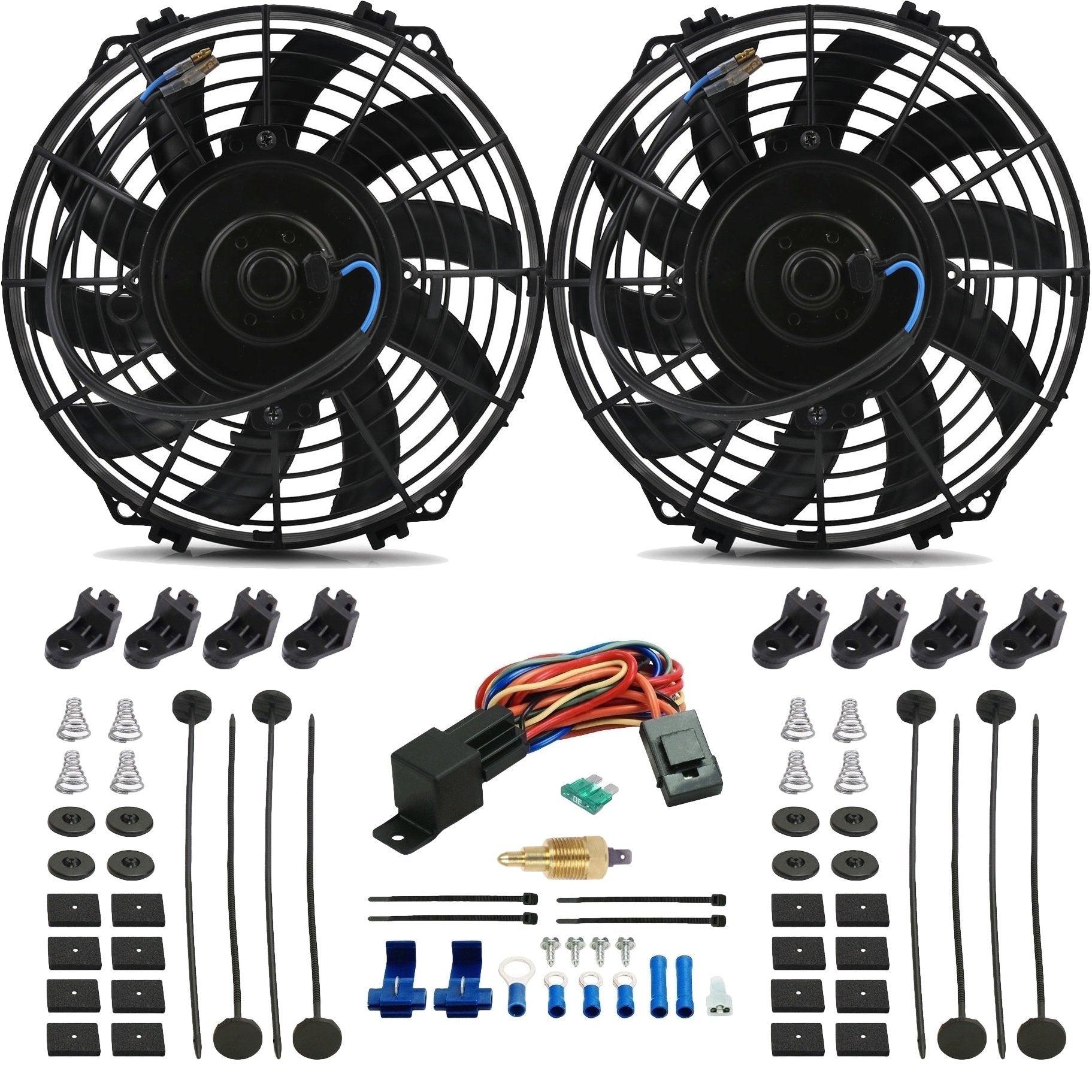 90W Dual 9-Inch Electric Cooling Fans with NPT Thread and Thermostat Switch Wiring Kit - Perfect for Automotive, HVAC, and Industrial Equipment Cooling