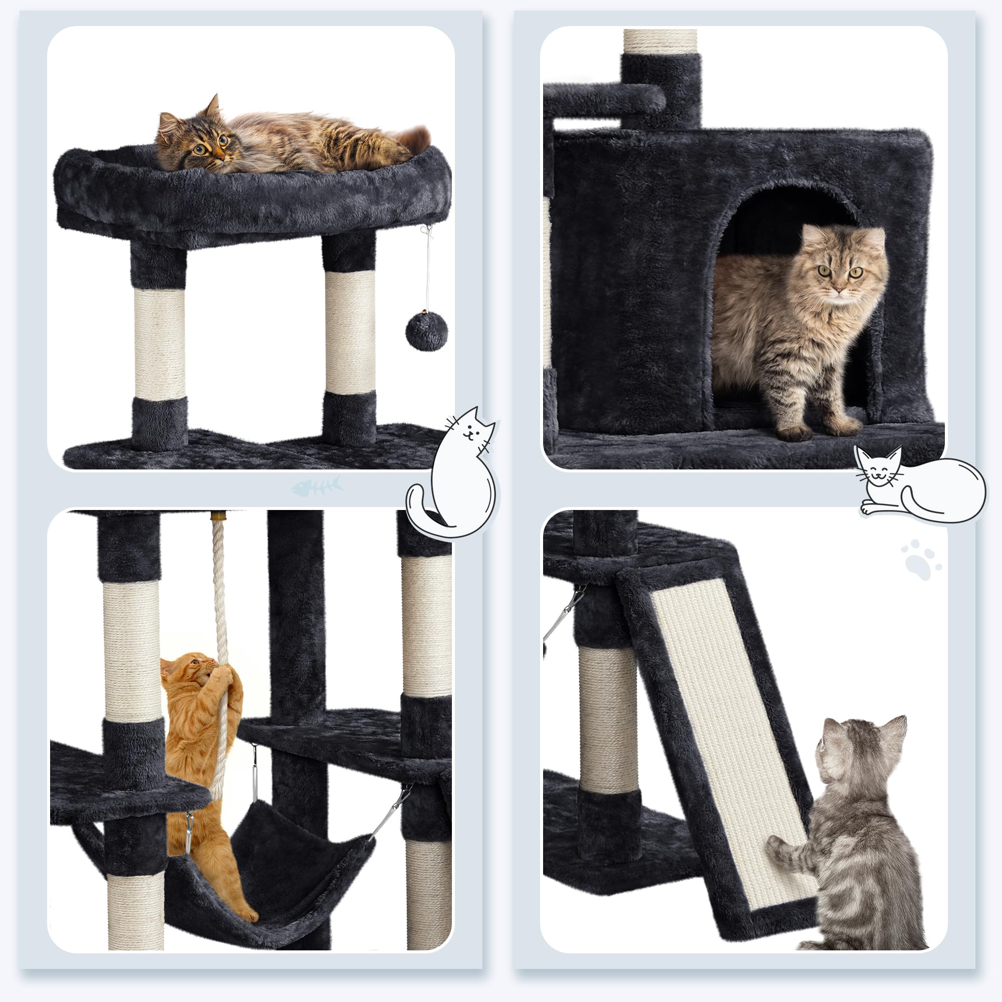 Yaheetech 63in Multi-Level Cat Tree Tower for Indoor Cats - Tall Cat Climbing Furniture with Sisal-Covered Scratching Posts, Condo & Perches - Durable Cat Activity Center for Kittens & Adult Cats (Black, Large) - Perfect for Small Spaces, Apartments & Play Areas