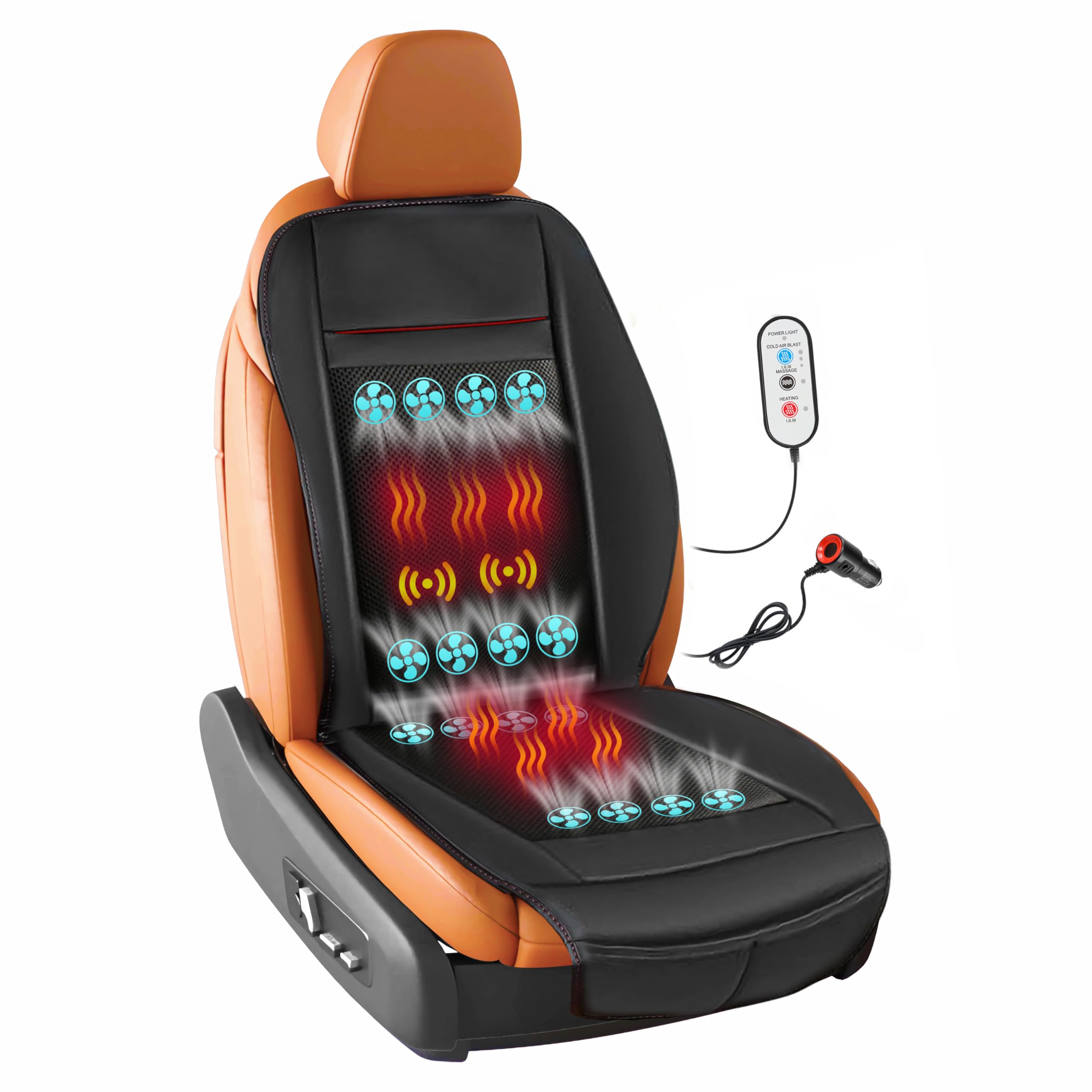3-in-1 Winter & Summer Car Seat Cover - 16 Ventilation Fans with Adjustable Temperature (12V Cooling, Heating & Massage) - Perfect for Hot Summer Days, Cold Winter Commutes & Long Road Trips