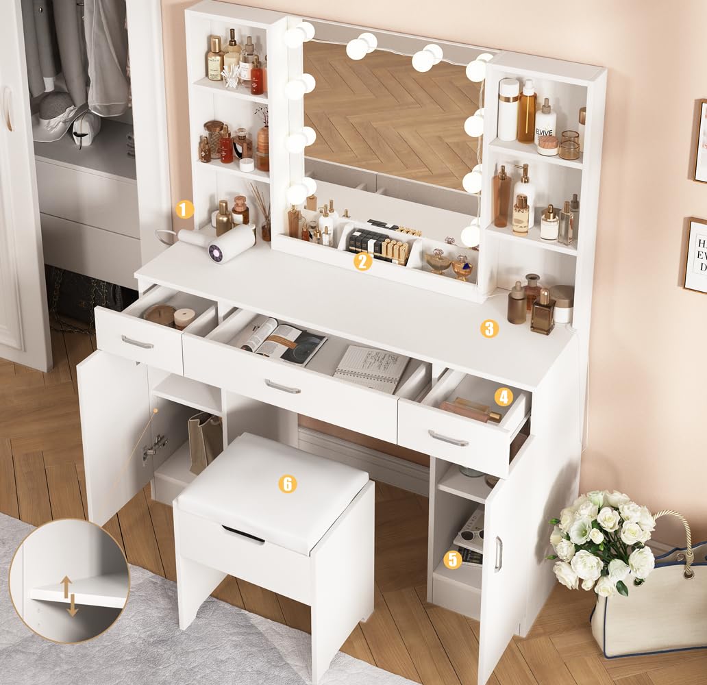 Vabches White Makeup Vanity Desk with LED Lights - 3 Adjustable Lighting Colors, Large Dressing Table with 3 Drawers, 2 Cabinets & Multiple Shelves (45.2 Inch) - Perfect for Bedroom, Dorm Room & Beauty Salon Makeup Station