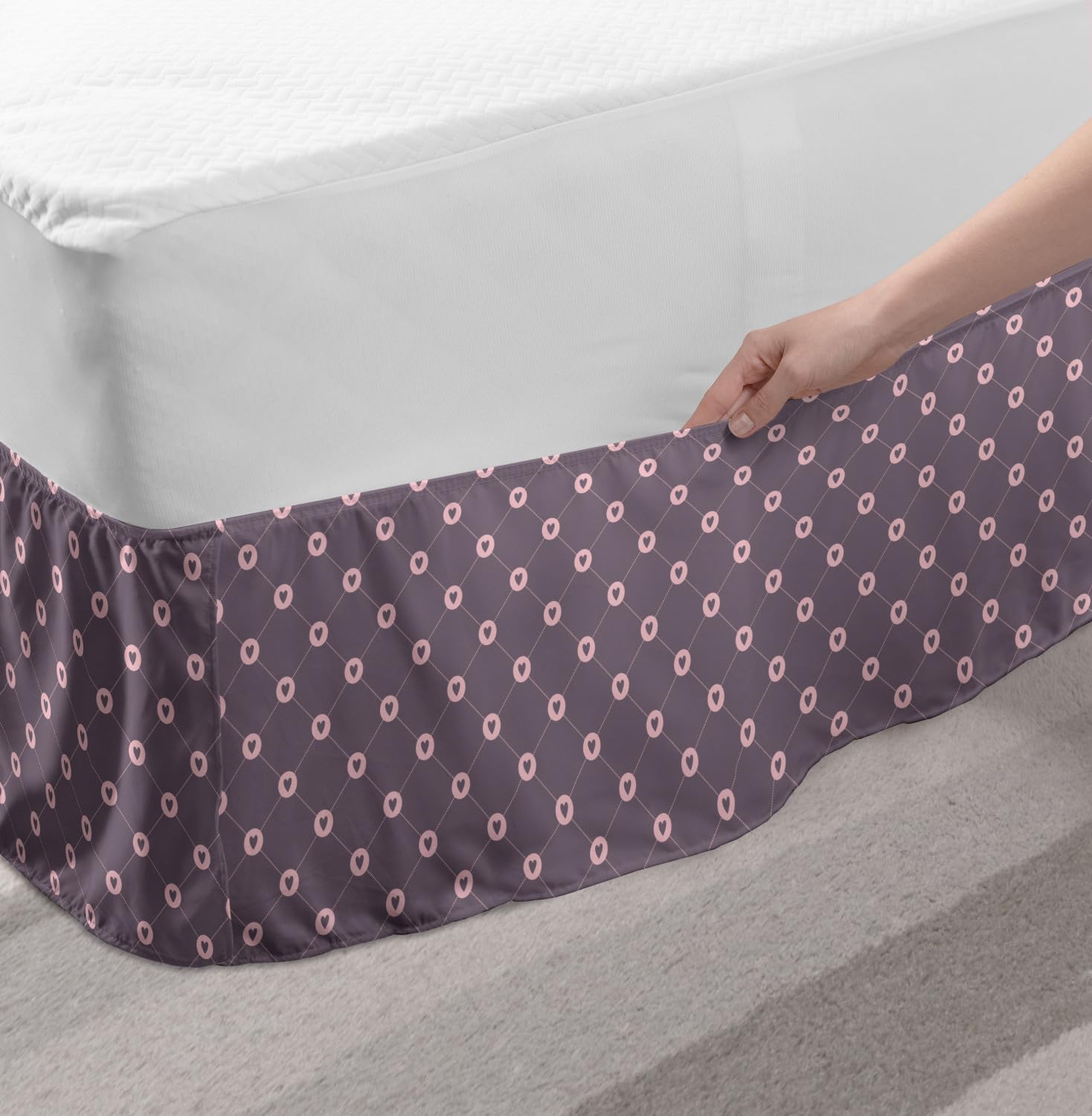 Ambesonne Modern Bed Skirt - Symmetrical Heart Mesh Design, Elastic Dust Ruffle Wrap for Bedding Decor, Full Size in Pale Eggplant & Rose | Perfect for Valentine's Day Gifts & Bedroom Makeovers