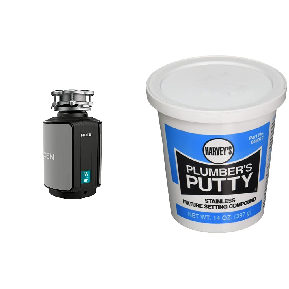 **Moen GX50C 1/2 HP Continuous Feed Garbage Disposal with Sound Reduction & Power Cord - Black | WM Harvey 043010 Professional Plumber's Putty - 14 oz (Off-White) | Ideal for Kitchen Sink Waste Disposal & Pipe Sealing**