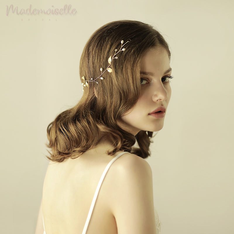 Elegant Pearl and Leaf Hair Vine Headpiece - Bridal Wedding Hair Accessories for Boho, Vintage, and Romantic Styles