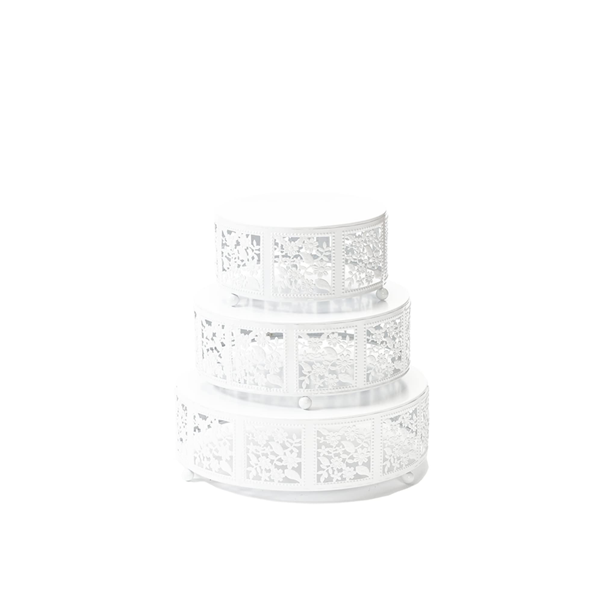 Opulent Treasures 3-Piece Round Cherry Blossom Metal Cake Stand Set - Elegant Cupcake & Dessert Display Plates for Weddings, Tea Parties & Home Decor (White)
