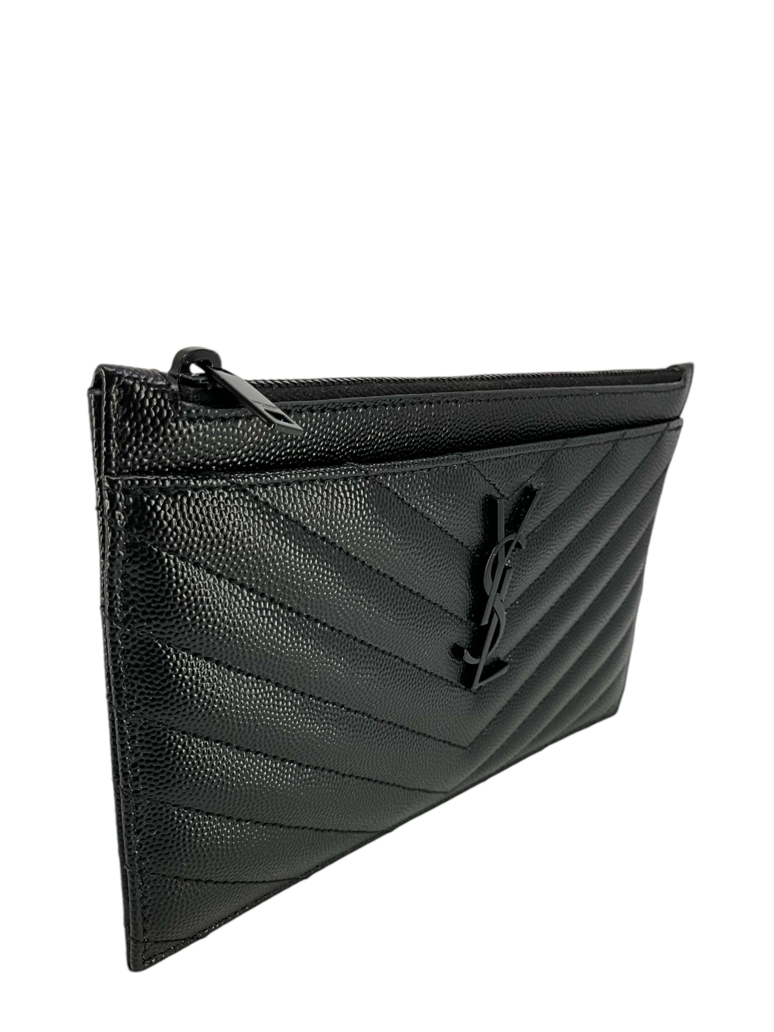 SAINT LAURENT Grain De Poudre Chevron Monogram Bill Pouch - Luxury Leather Wallet for Men & Women | Perfect for Everyday Use, Travel & Gifts